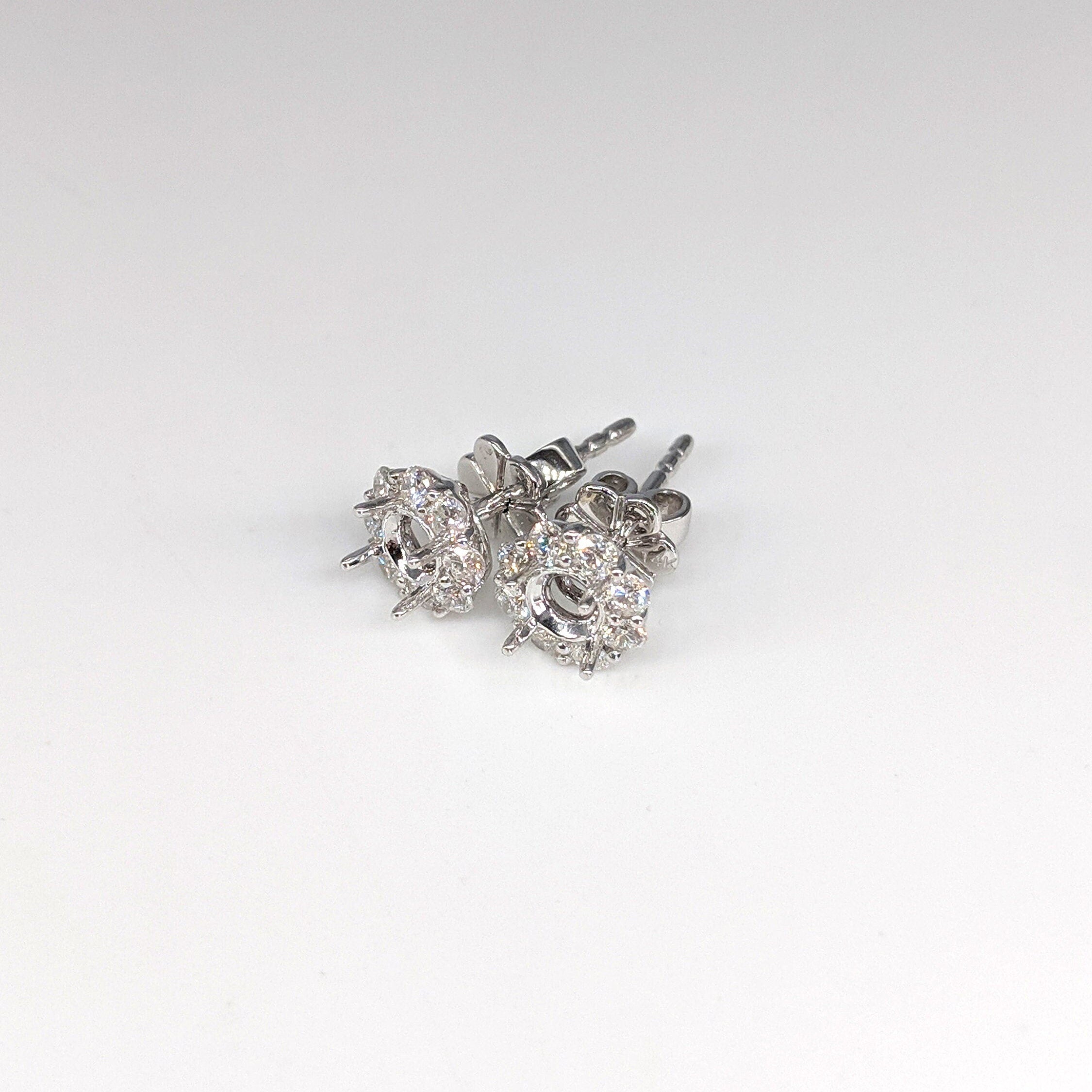 Stud Earrings-Floral Diamond Halo Stud Earring Setting in 14k Solid Gold | Round 4mm | Secure Push Back | Customizable | Minimalist | For Her - NNJGemstones