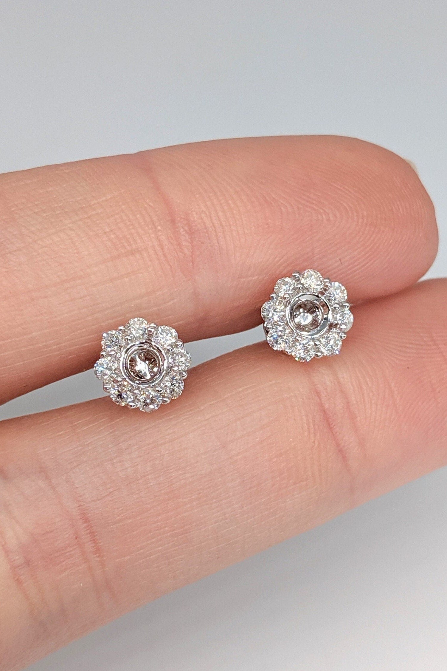 Stud Earrings-Floral Diamond Halo Stud Earring Setting in 14k Solid Gold | Round 4mm | Secure Push Back | Customizable | Minimalist | For Her - NNJGemstones
