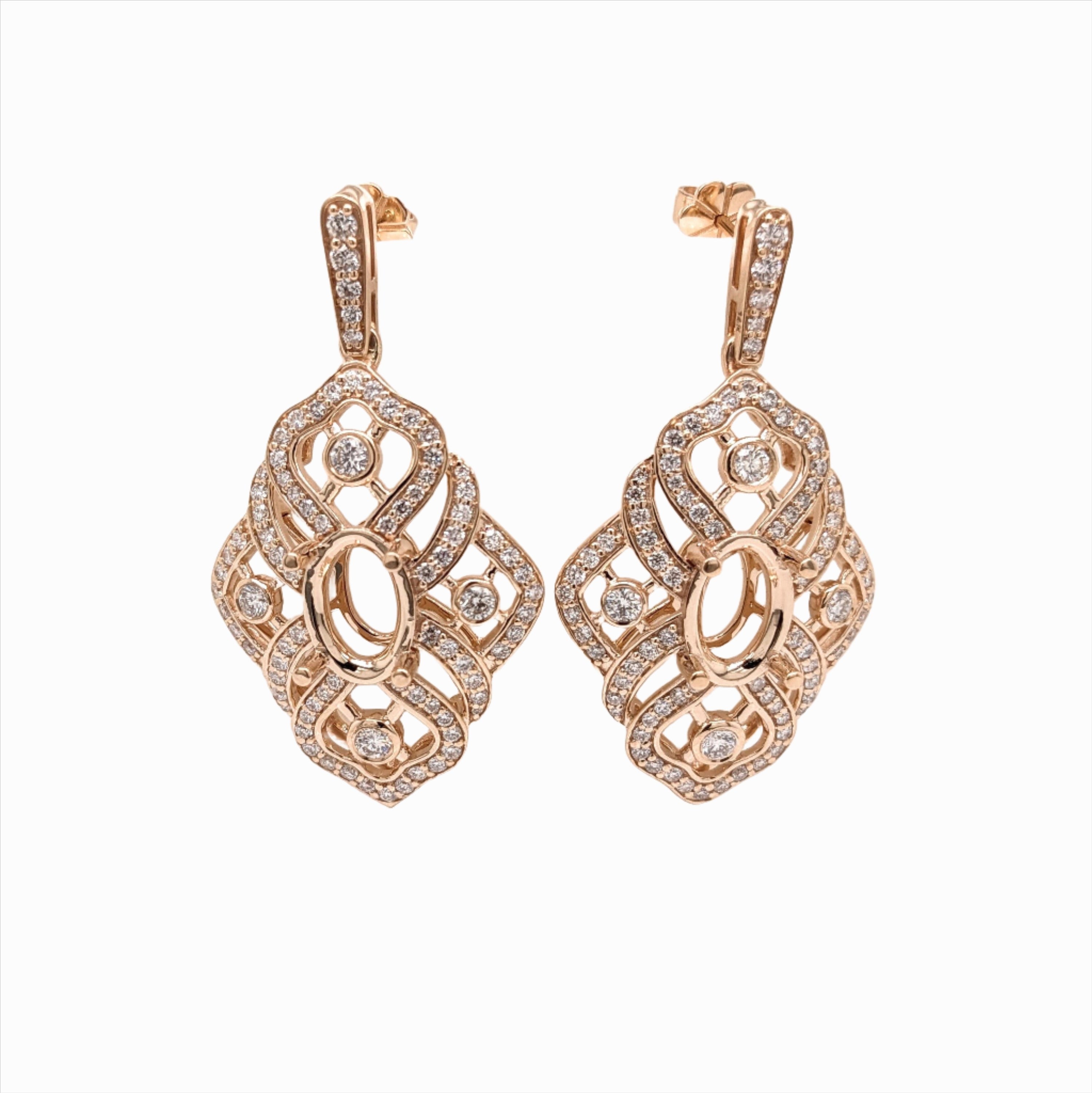 Earrings-Statement Dangle Earrings Semi Mount w Diamonds in Solid 14K Gold Oval 10x7mm - NNJGemstones