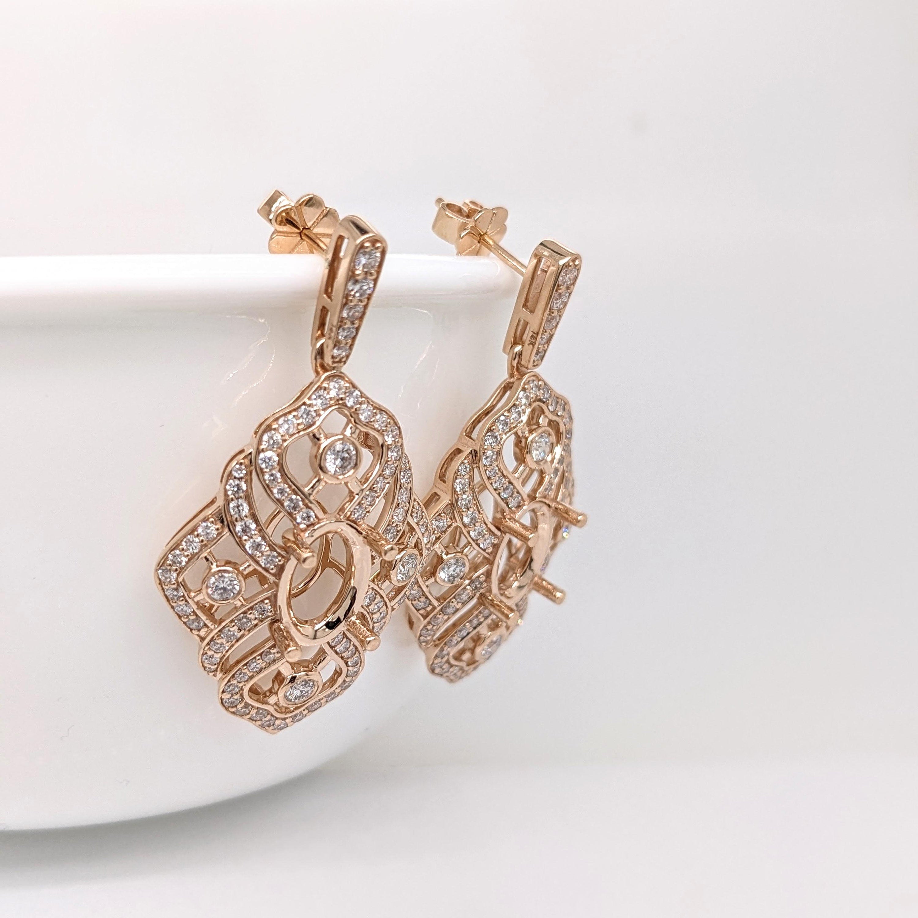 Earrings-Statement Dangle Earrings Semi Mount w Diamonds in Solid 14K Gold Oval 10x7mm - NNJGemstones