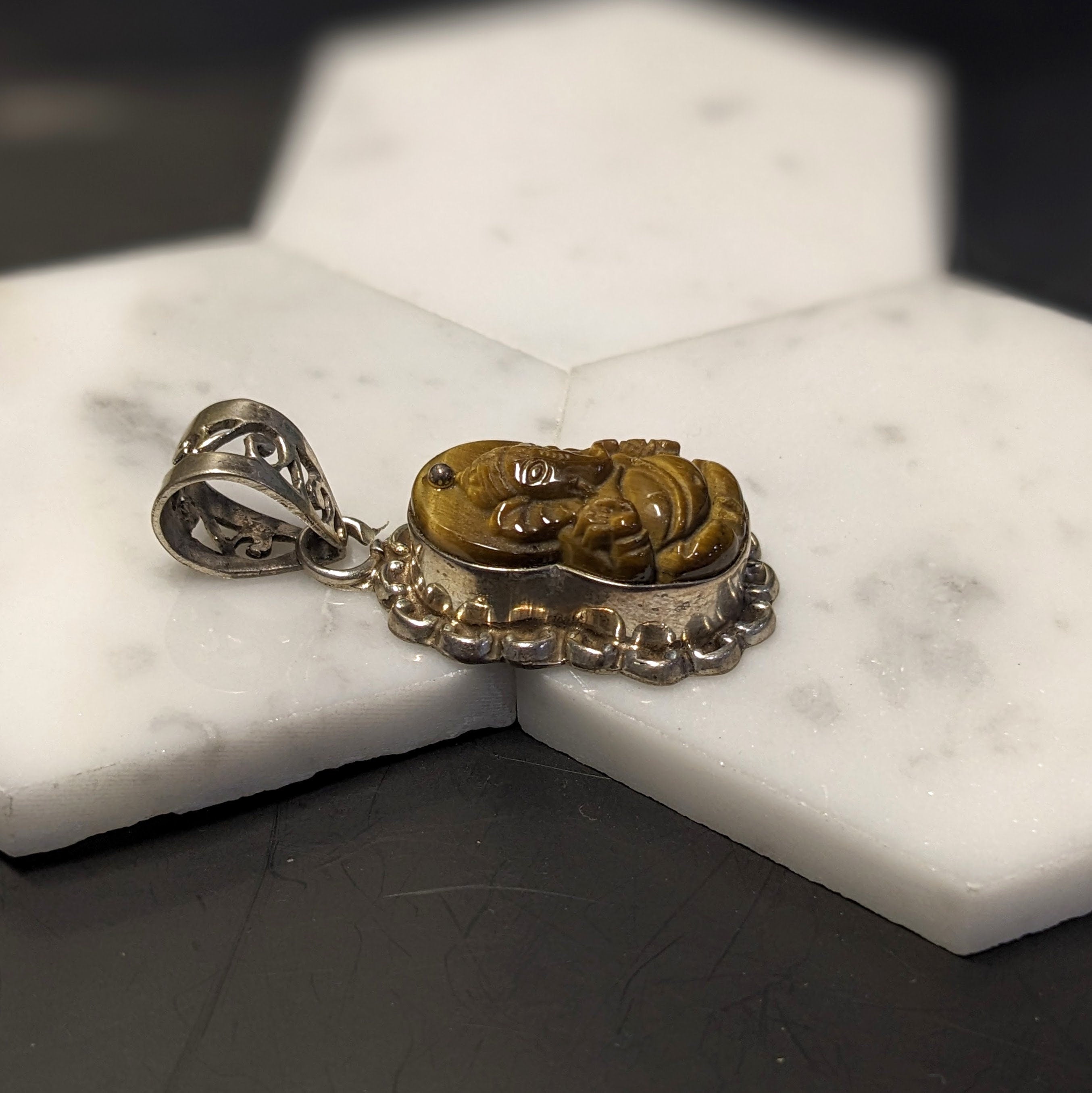 Pendants-Apple Coral Ganesha Pendant in Solid Silver|| Orange and Brown Gemstone || April Birthstone || Add Chain || Heirloom Pendant || - NNJGemstones