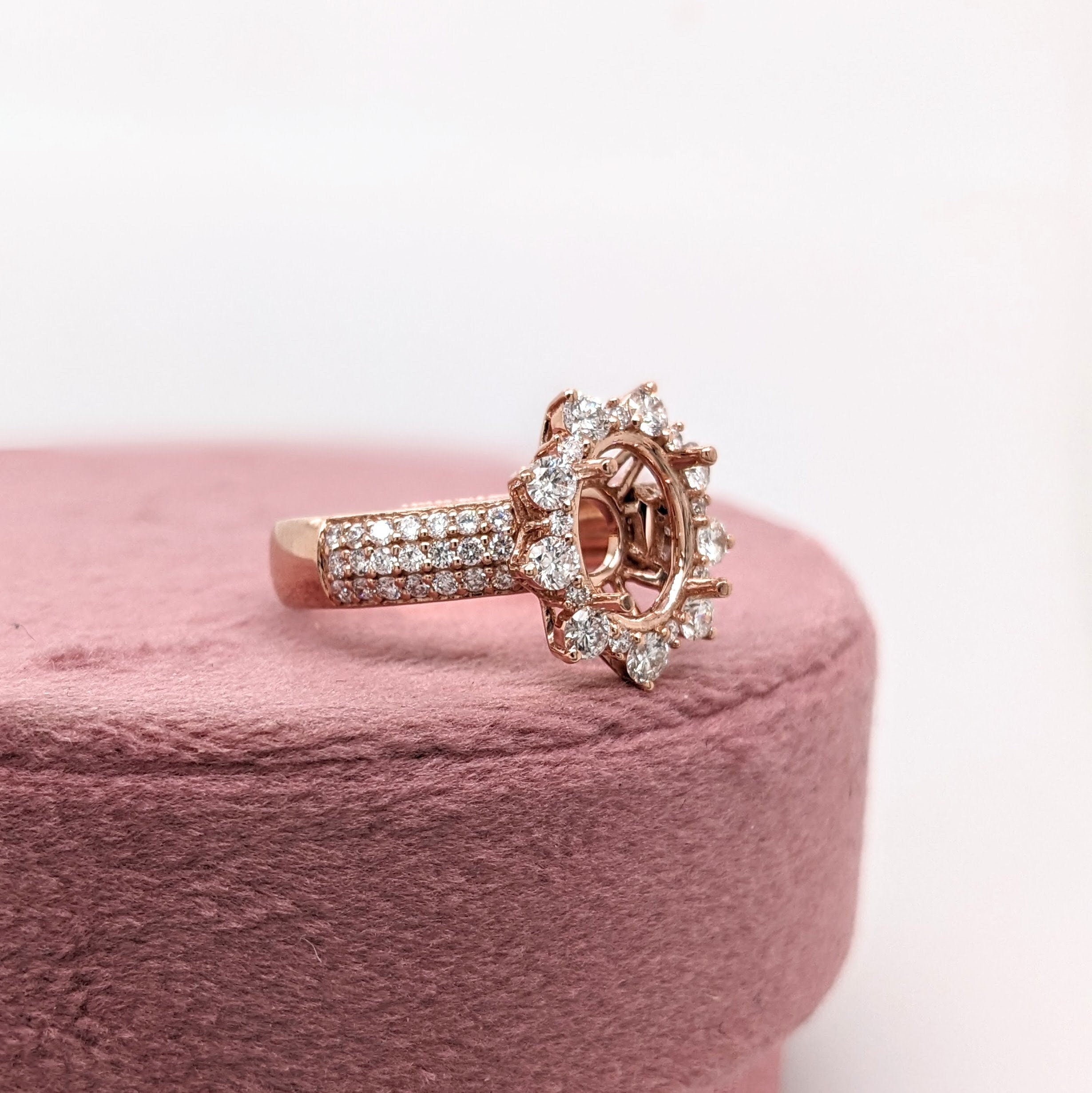 Statement Rings-Stunning Sunburst Ring Setting w Natural Diamond Accents in 14K Solid Gold | OV 8x6 9x7 10x8 | Broad Band | Gemstone Setting | Customizable - NNJGemstones