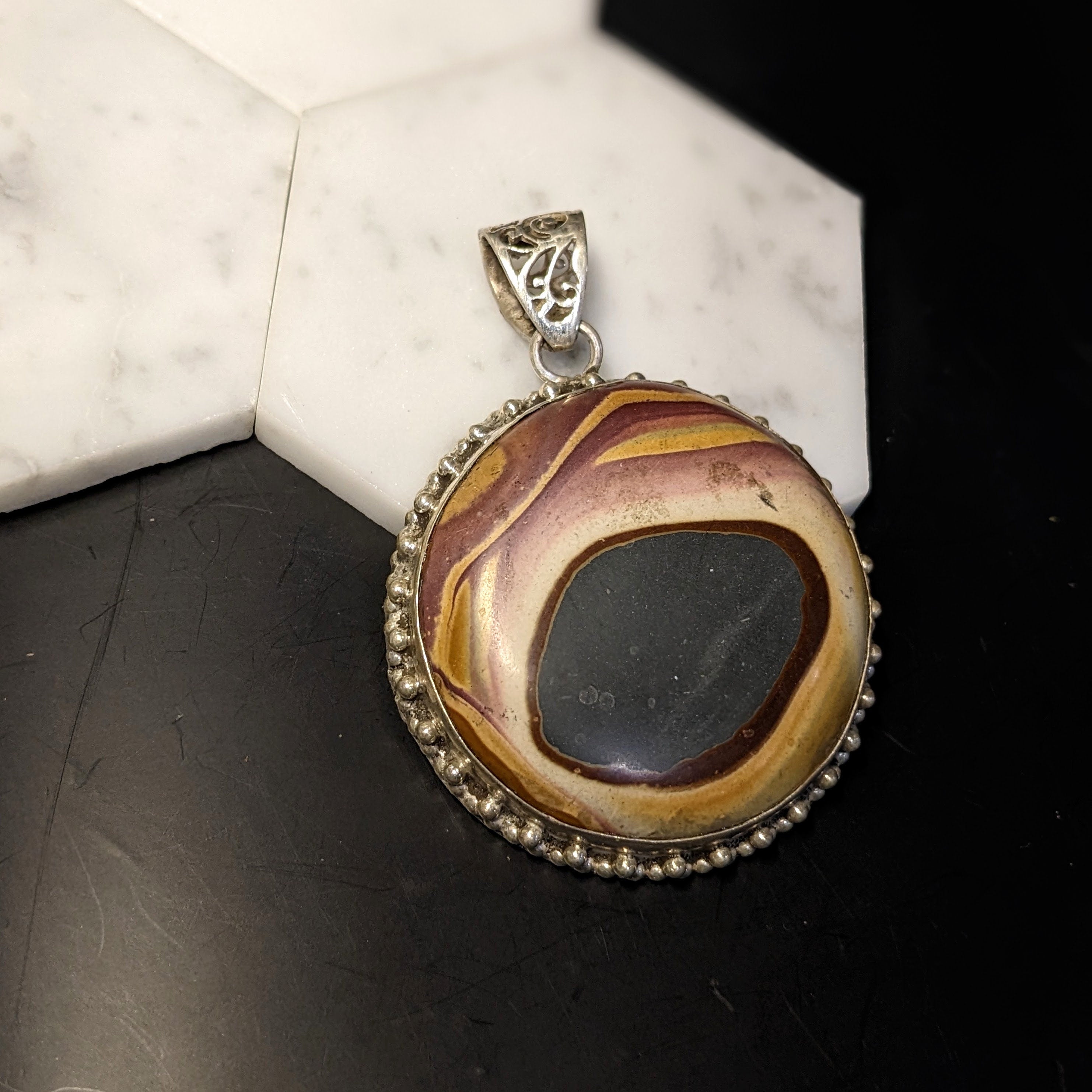 Pendants-Beautiful Marble Picasso Pendant in Solid Silver|| Jasper Gemstone || March Birthstone || Round Pendant || - NNJGemstones
