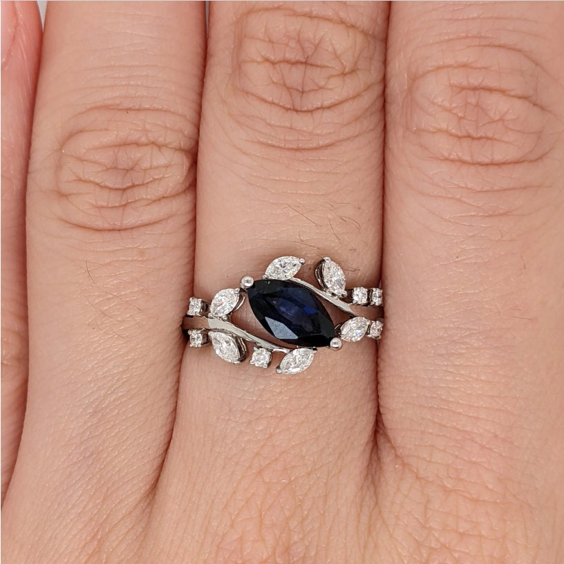 Statement Rings-Nature Inspired Leaf Vine Ring Setting w Natural Diamond Accents in 14K Solid Gold | Marquise 8x4 10x5 12x6 | Bypass Ring | Customizable - NNJGemstones