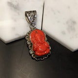 Pendants-Apple Coral Ganesha Pendant in Solid Silver|| Orange and Brown Gemstone || April Birthstone || Add Chain || Heirloom Pendant || - NNJGemstones