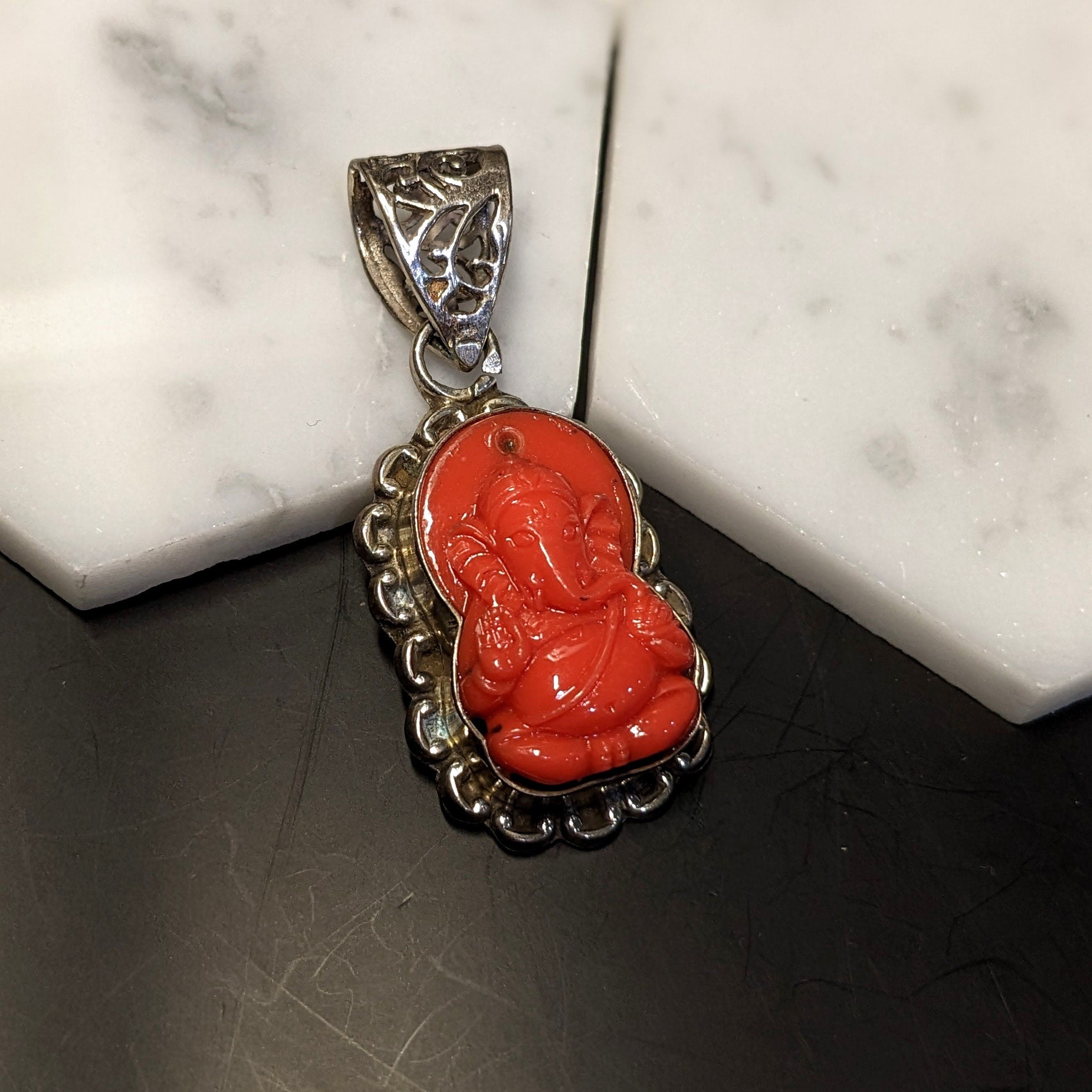 Pendants-Apple Coral Ganesha Pendant in Solid Silver|| Orange and Brown Gemstone || April Birthstone || Add Chain || Heirloom Pendant || - NNJGemstones
