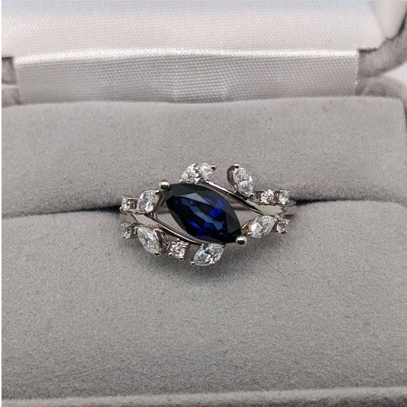 Statement Rings-Nature Inspired Leaf Vine Ring Setting w Natural Diamond Accents in 14K Solid Gold | Marquise 8x4 10x5 12x6 | Bypass Ring | Customizable - NNJGemstones