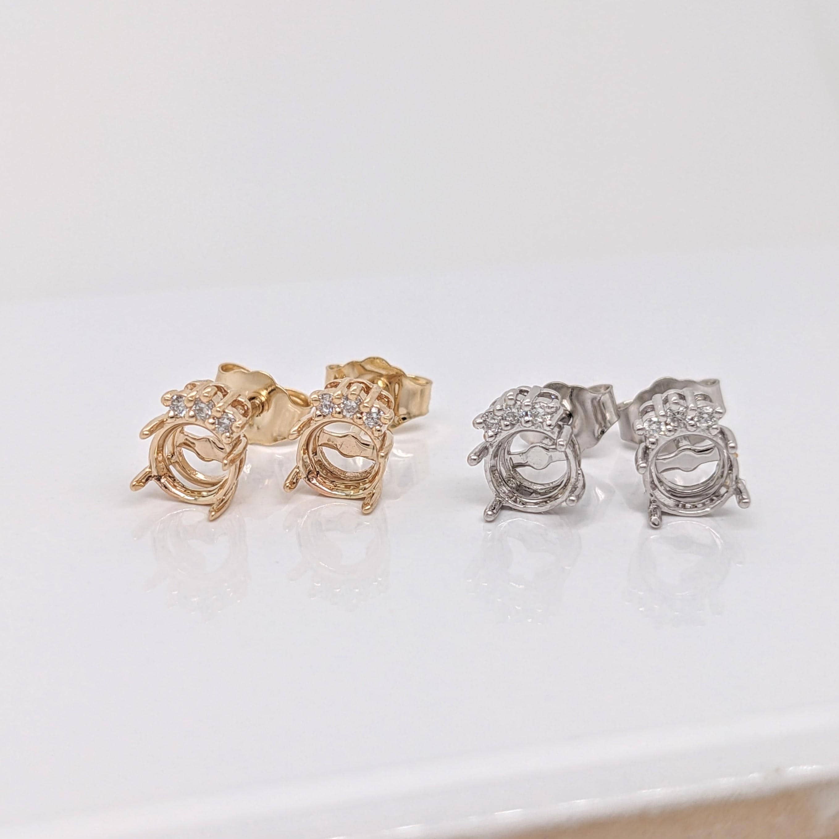 Stud Earrings-Dainty Earrings Semi Mount with Diamond Accents in 14K Solid Gold | Round 5mm - NNJGemstones