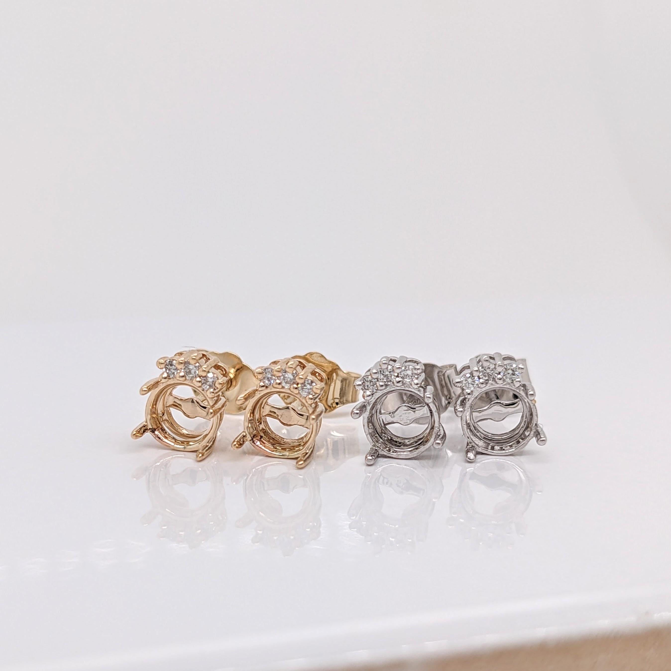 Stud Earrings-Dainty Earrings Semi Mount with Diamond Accents in 14K Solid Gold | Round 5mm - NNJGemstones
