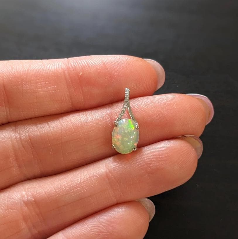 Pendants-Ethiopian Opal Pendant W All Natural Diamond Accents in 14k Solid Gold | Oval Shape | Jelly Opal | October Birthstone | Customizable - NNJGemstones