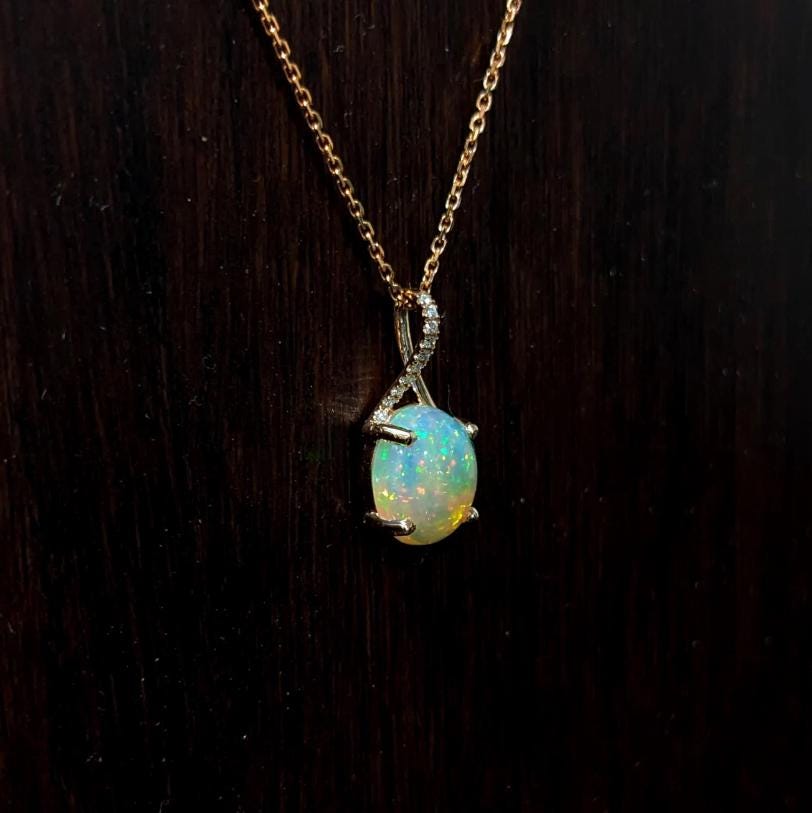 Pendants-Ethiopian Opal Pendant W All Natural Diamond Accents in 14k Solid Gold | Oval Shape | Jelly Opal | October Birthstone | Customizable - NNJGemstones