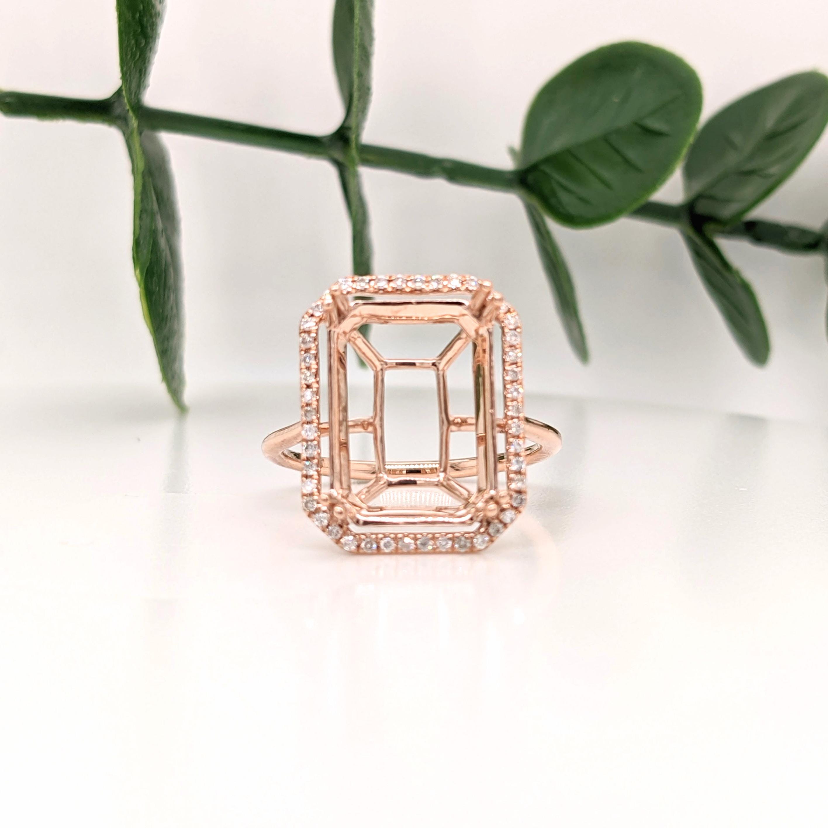 Statement Rings-Classic Pave Diamond Halo Ring Setting in 14K Solid Gold | Emerald Cut 14x10 15x11 16x12 18x13 | Radiant Cut | Statement Ring | Customizable - NNJGemstones