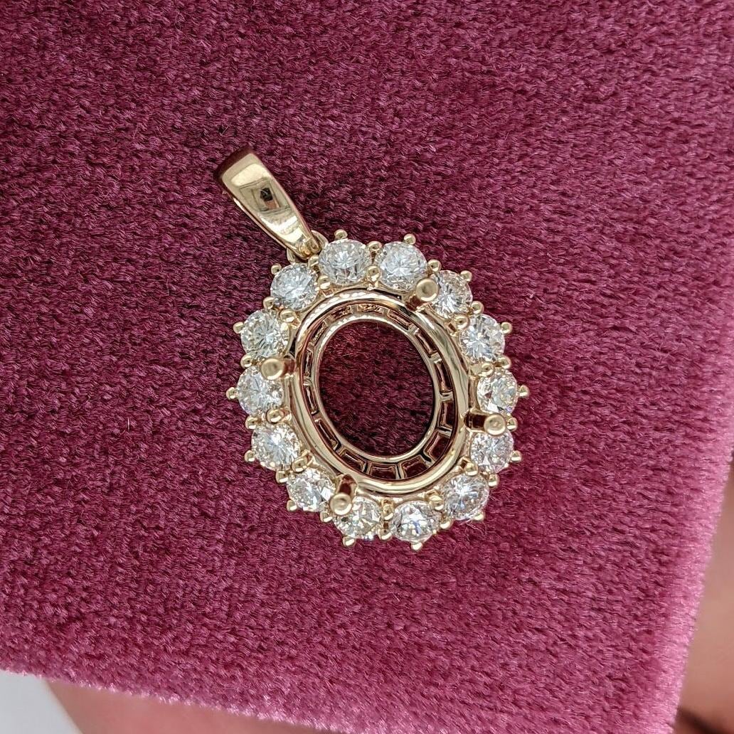 Pendants-Pretty Pendant Setting W Natural Diamond Halo in 14K Solid Gold | Oval Shape 9x7 10x8 11x9 12x10 | Gemstone Setting | Customizable - NNJGemstones