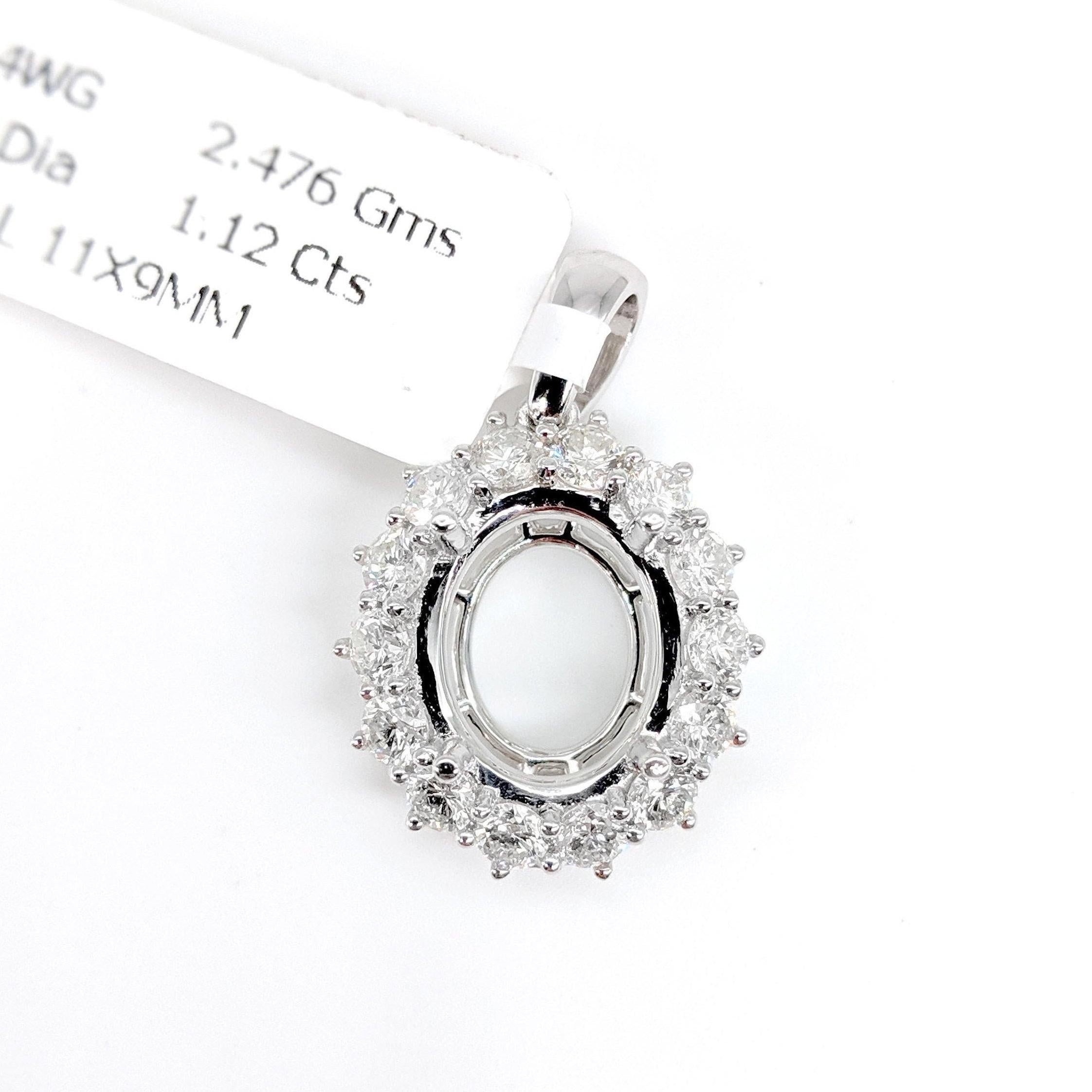 Pendants-Pretty Pendant Setting W Natural Diamond Halo in 14K Solid Gold | Oval Shape 9x7 10x8 11x9 12x10 | Gemstone Setting | Customizable - NNJGemstones