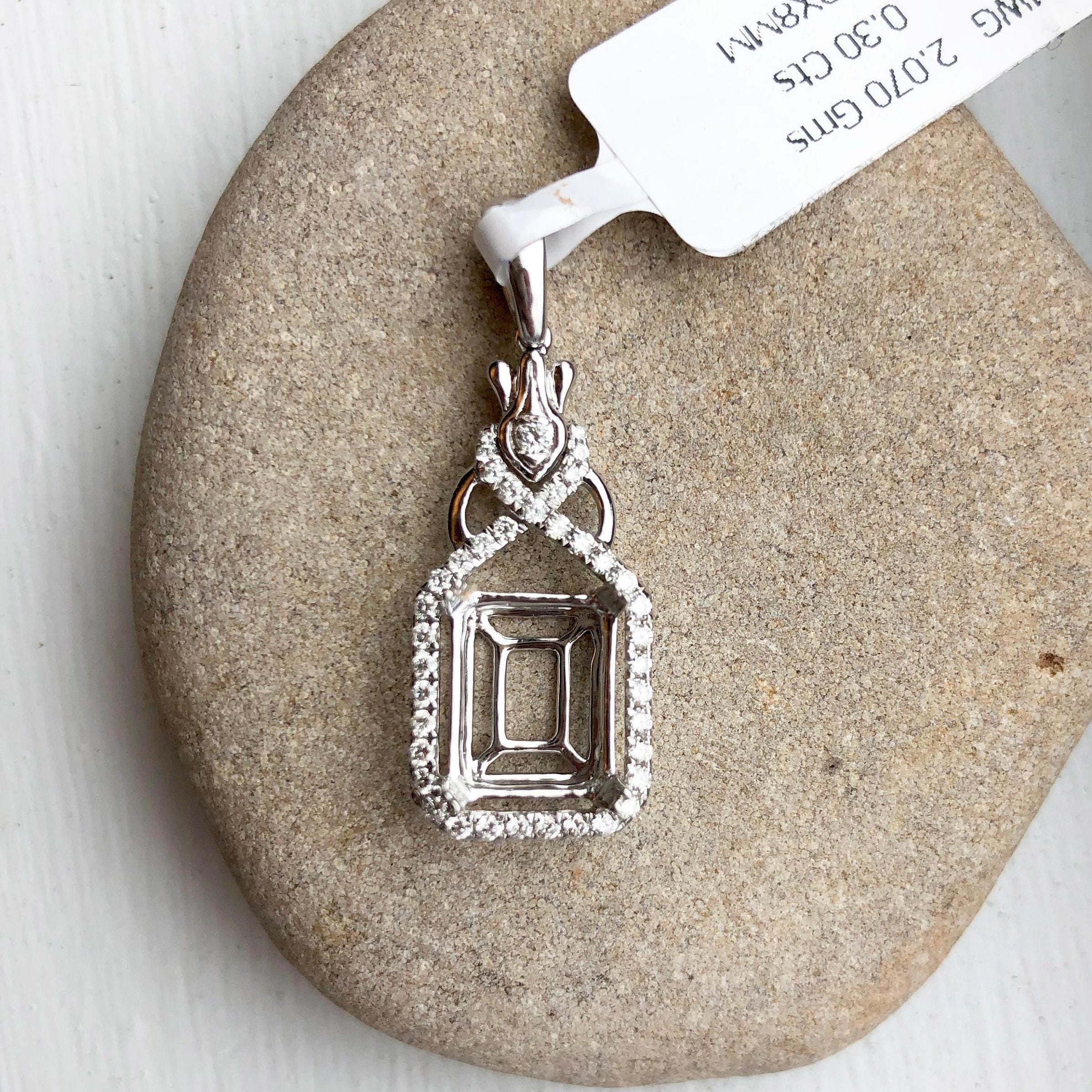 Pendants-Charming Art Deco Pendant Setting W Natural Diamond Accents in 14K Solid Gold | Emerald Cut 9x7 10x8 11x9 14x12 | Customizable - NNJGemstones