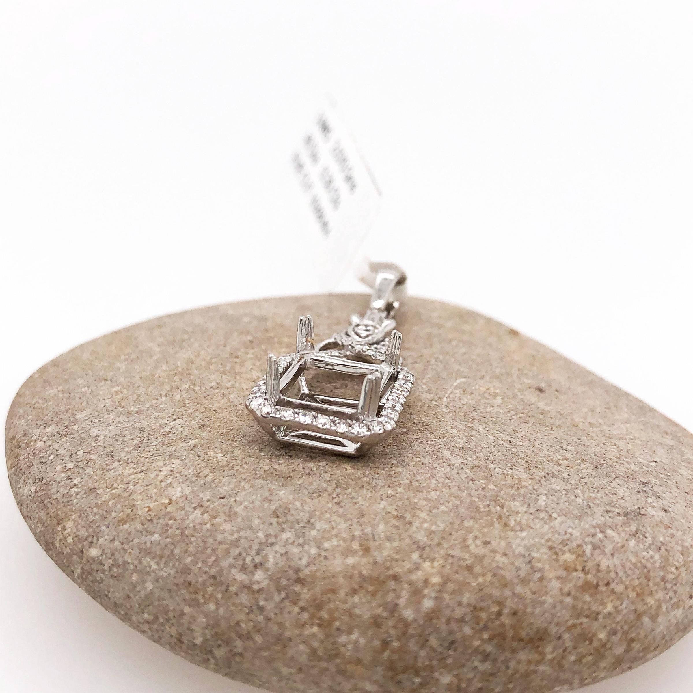 Pendants-Charming Art Deco Pendant Setting W Natural Diamond Accents in 14K Solid Gold | Emerald Cut 9x7 10x8 11x9 14x12 | Customizable - NNJGemstones