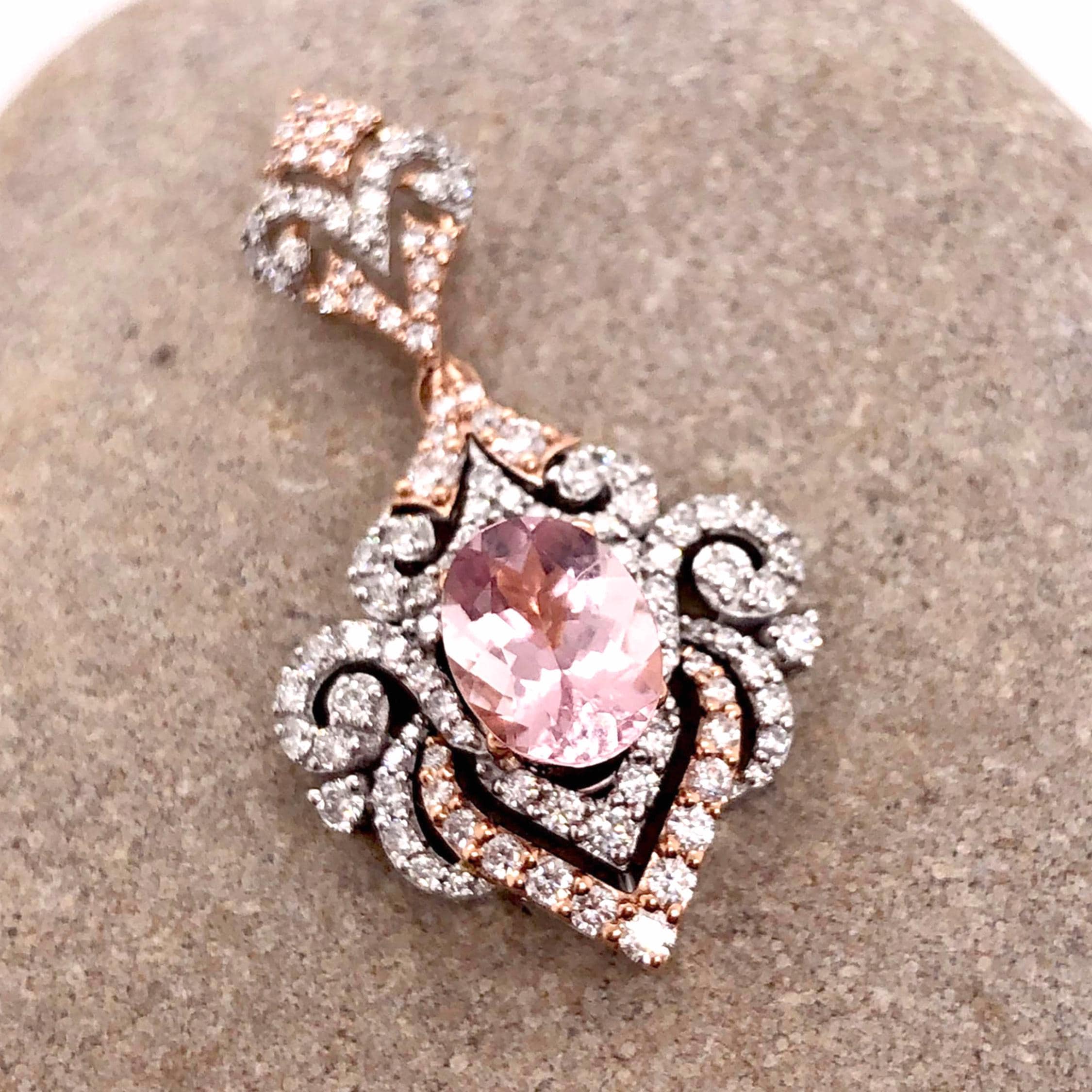 Pendants-Edwardian Filigree Pendant Setting W Diamond Accents in 14K Solid Gold | Oval 7x5 7.5x5.5 8x6 | Ornate Vintage Pendant Design | Customizable - NNJGemstones