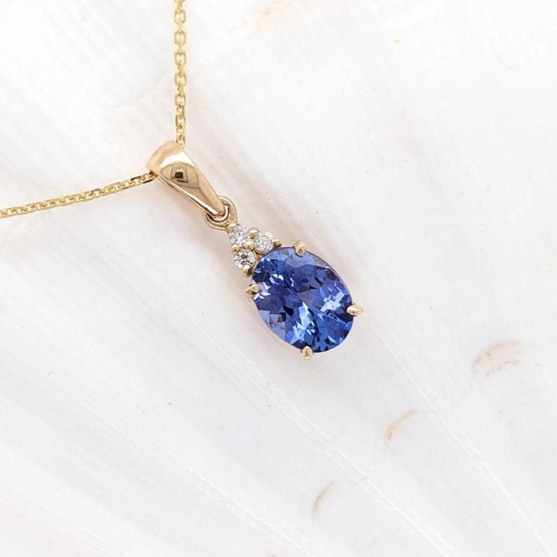 Pendants-Classic Tanzanite Pendant W Natural Diamond Accents in 14K Solid Gold | Oval Shape 7x5mm 8x6mm | December Birthstone | Customizable - NNJGemstones