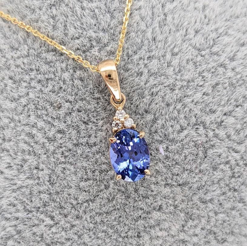 Pendants-Classic Tanzanite Pendant W Natural Diamond Accents in 14K Solid Gold | Oval Shape 7x5mm 8x6mm | December Birthstone | Customizable - NNJGemstones