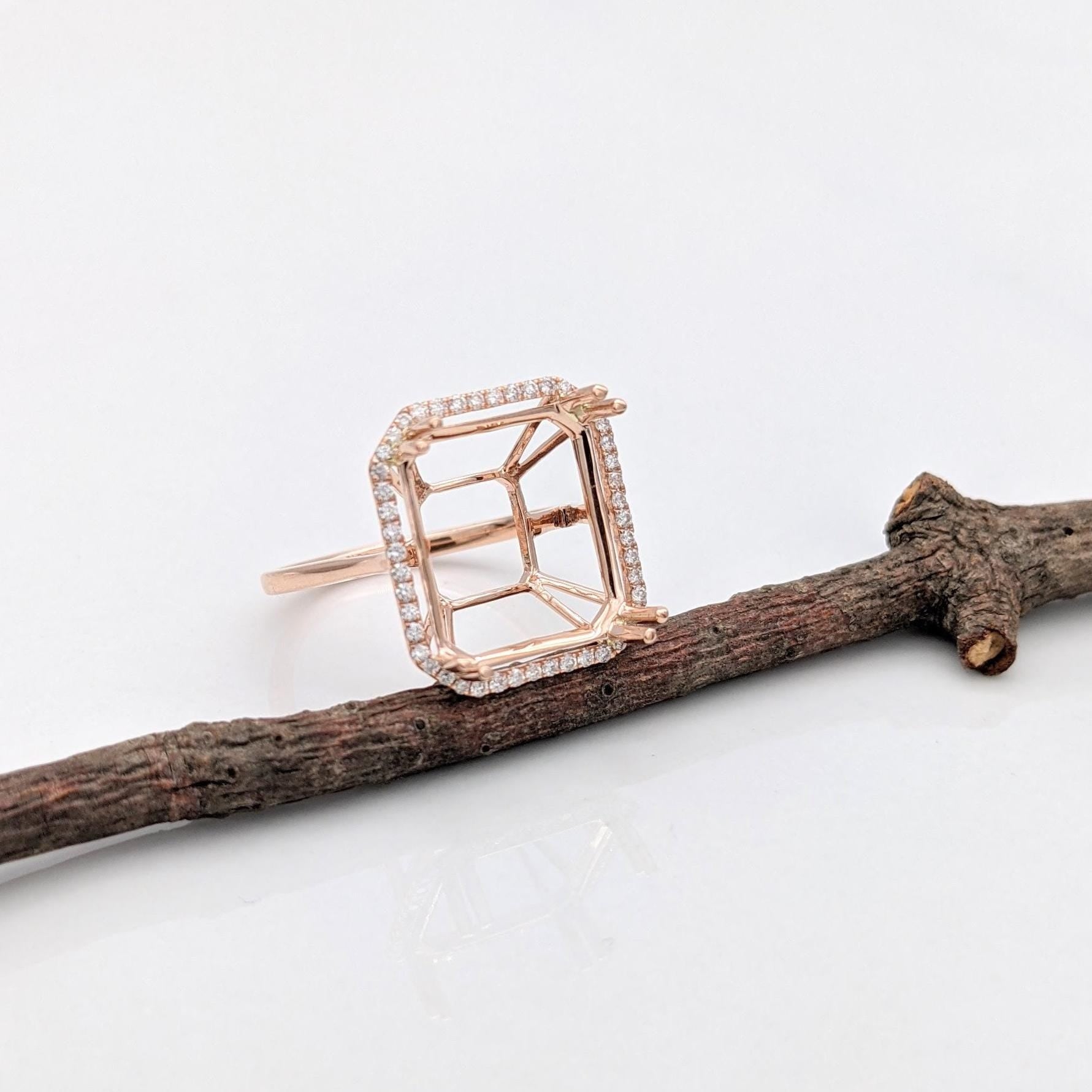 Statement Rings-Classic Pave Diamond Halo Ring Setting in 14K Solid Gold | Emerald Cut 14x10 15x11 16x12 18x13 | Radiant Cut | Statement Ring | Customizable - NNJGemstones