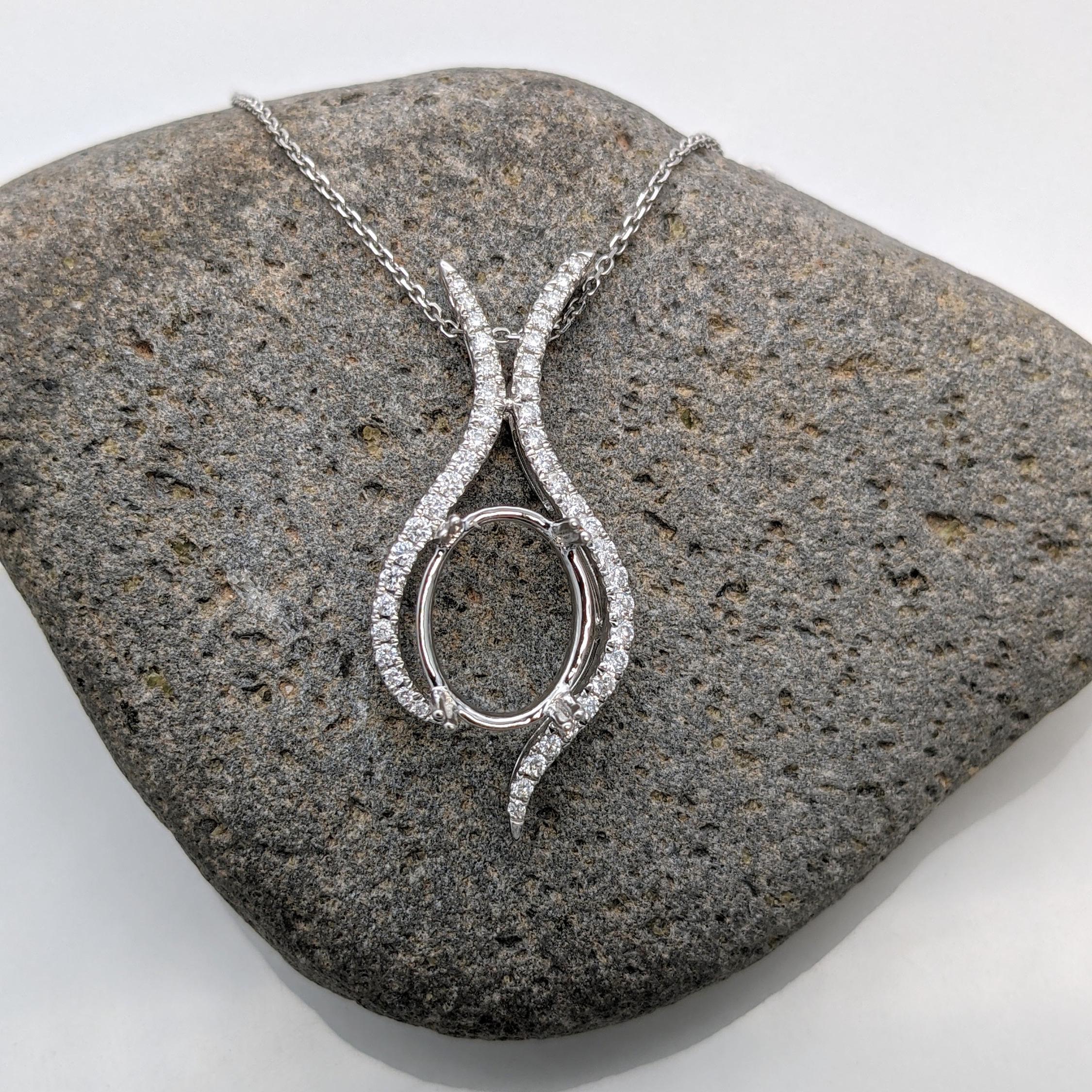 Pendants-Oval Pendant Setting W Asymmetrical Pave Diamond Halo in 14K Solid Gold I 7x5 8x6 9x7 10x8 11x9 12x10 | Gemstone Setting | Customizable - NNJGemstones