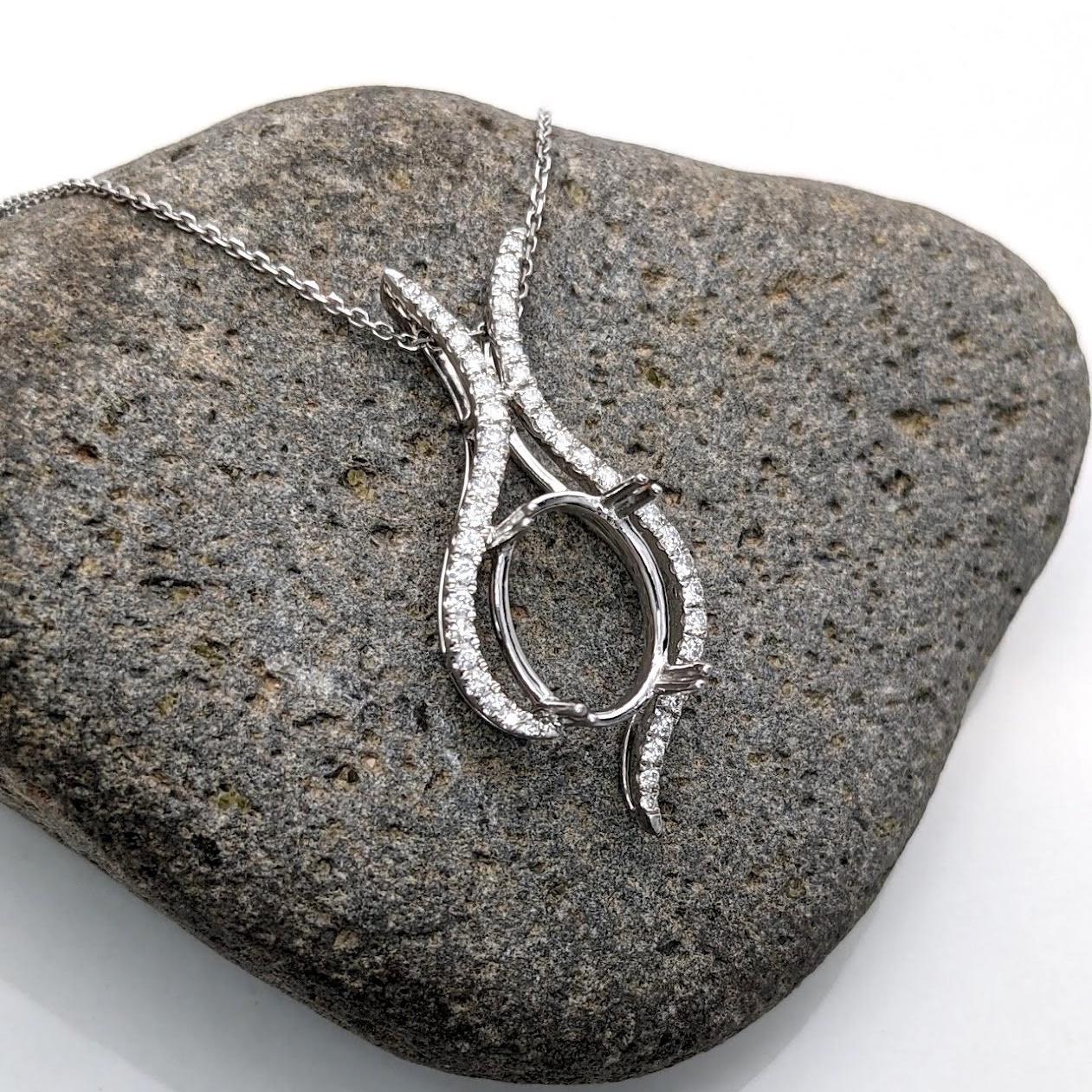 Pendants-Oval Pendant Setting W Asymmetrical Pave Diamond Halo in 14K Solid Gold I 7x5 8x6 9x7 10x8 11x9 12x10 | Gemstone Setting | Customizable - NNJGemstones