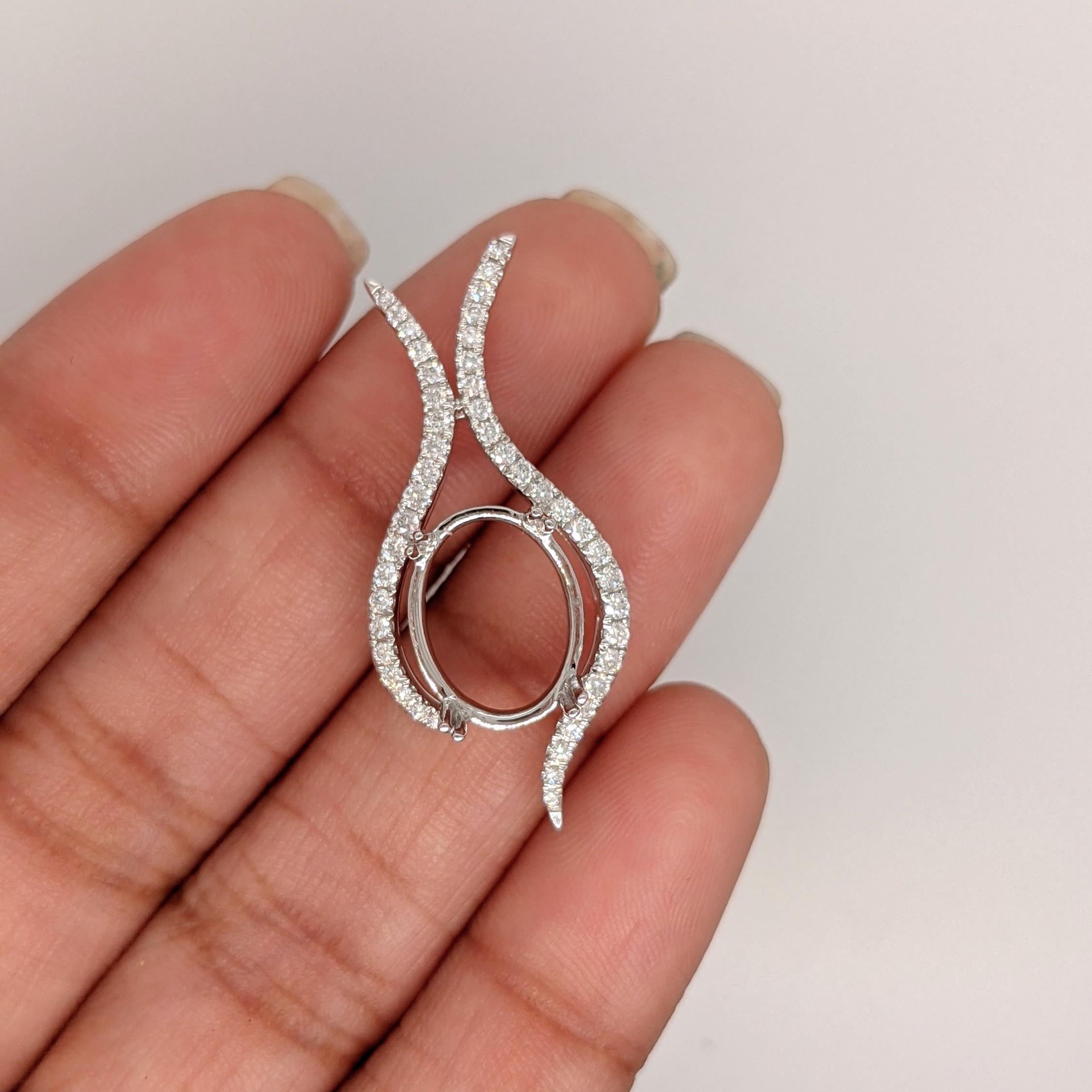 Pendants-Oval Pendant Setting W Asymmetrical Pave Diamond Halo in 14K Solid Gold I 7x5 8x6 9x7 10x8 11x9 12x10 | Gemstone Setting | Customizable - NNJGemstones