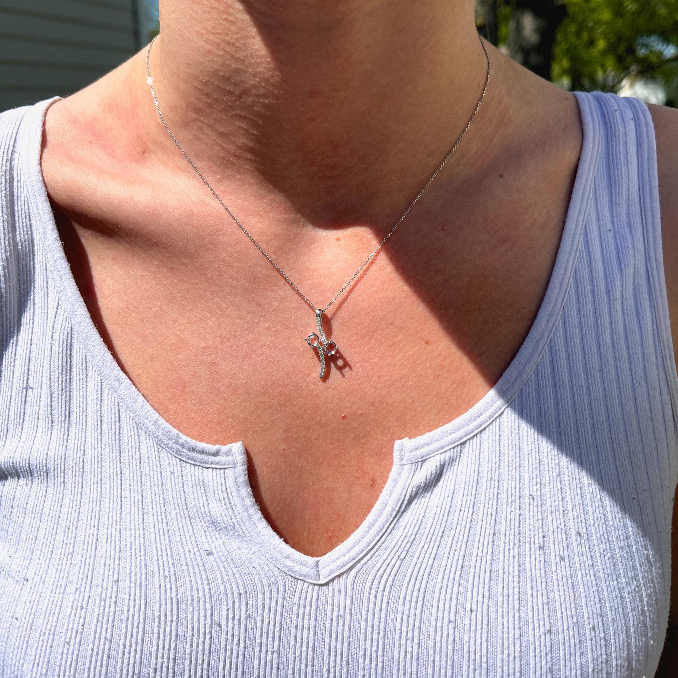 Pendants-Toi et Moi Diamond Pave Pendant Setting in 14K Solid Gold | Round Shape 4mm 4.5mm 5mm | Gemstone Setting | 2 stone Semi Mount | Customizable - NNJGemstones