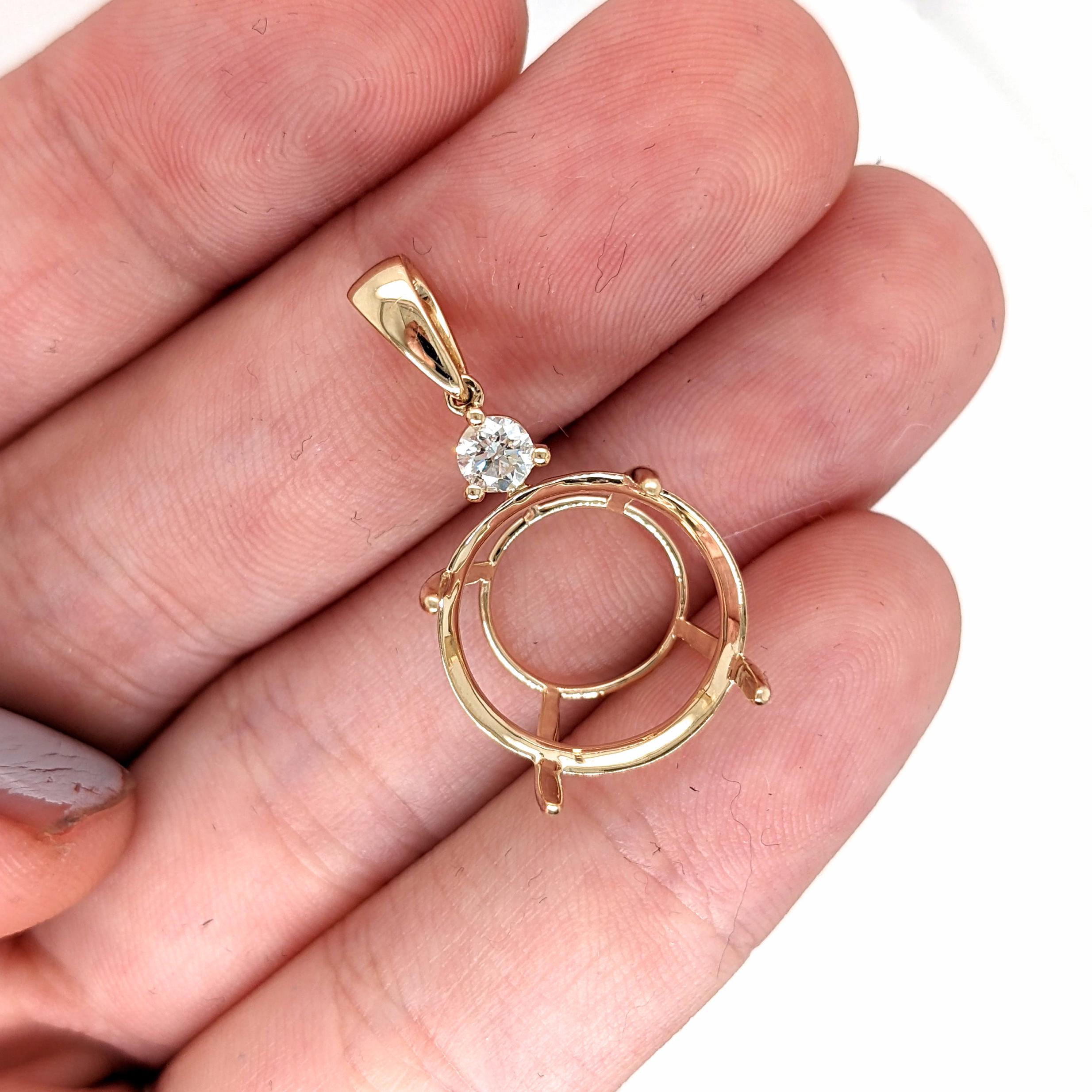 Pendants-Statement Pendant Setting W Natural Diamond Accent in 14K Solid Gold | Round Shape 15mm 15.5mm 16mm | Large Gemstone Setting | Customizable - NNJGemstones