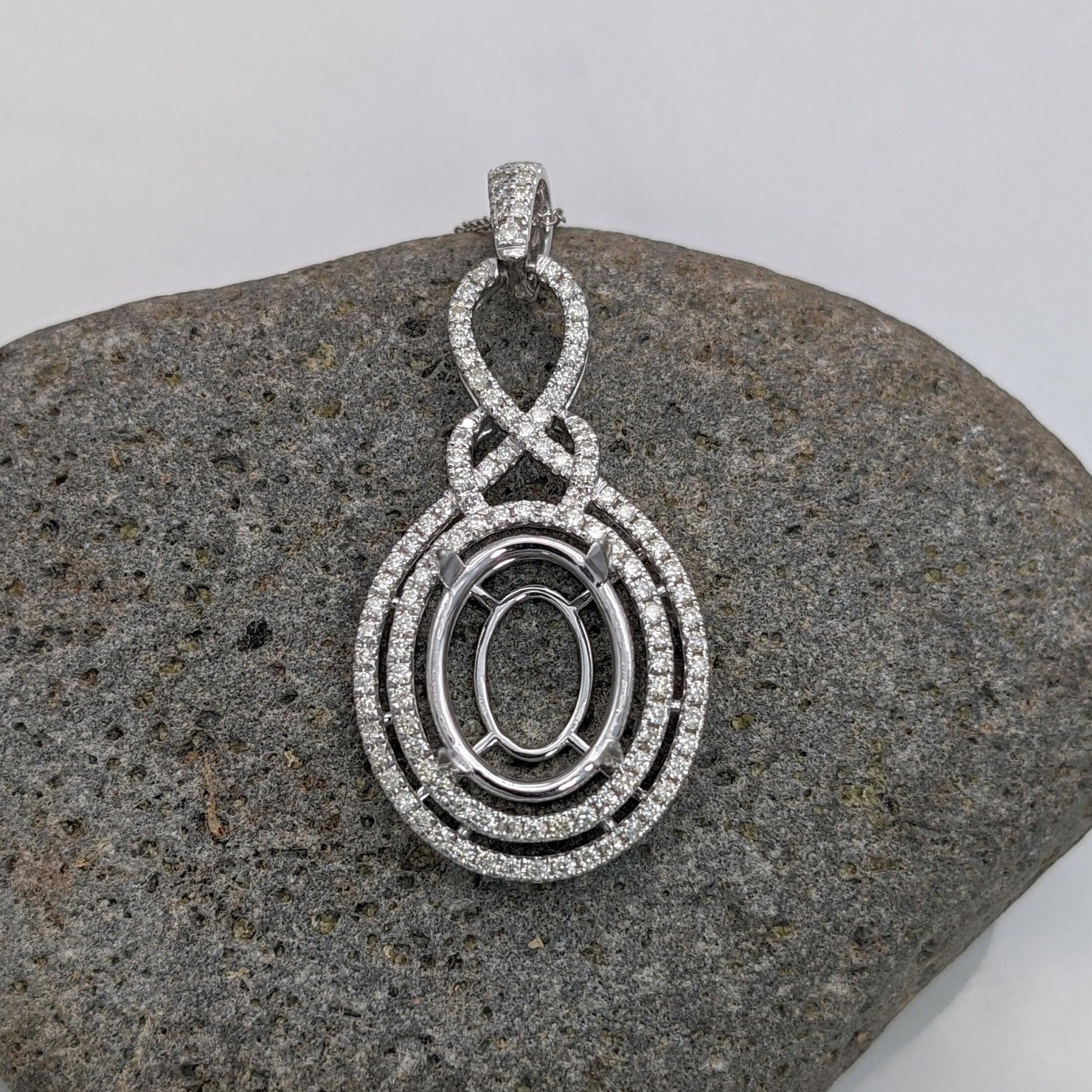 Pendants-Double Diamond Pave Halo Pendant Setting in 14K Solid Gold | Oval Shape 12x10 13x11 14x12 | Art Deco | Statement Necklace | Customizable - NNJGemstones