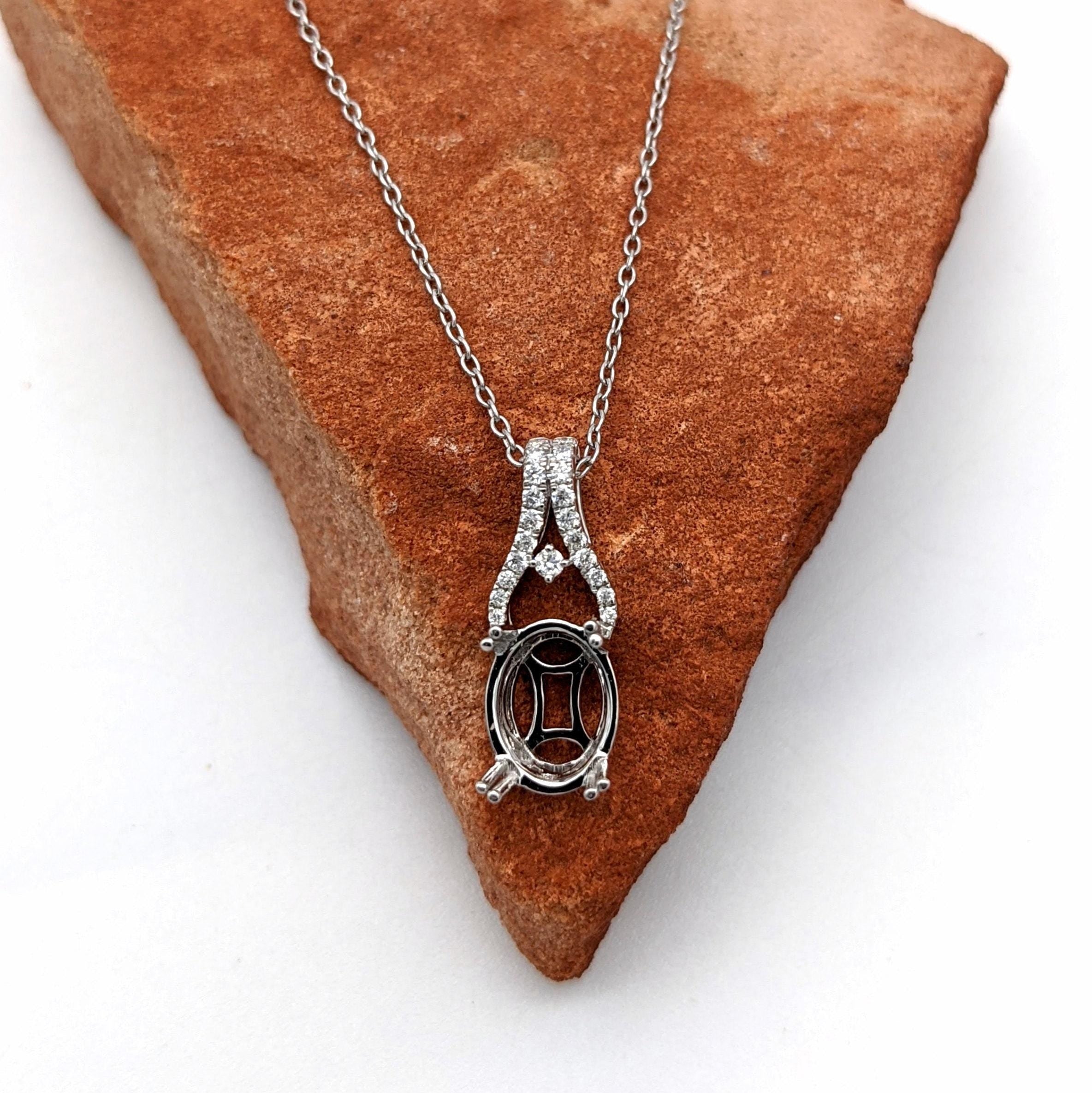 Pendants-Lovely Pendant Setting W Natural Diamond Bail in 14K Solid Gold | Oval Shape 8x6 9x7 10x8 | Gemstone Pendant | Dainty Jewelry | Customizable - NNJGemstones