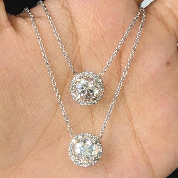 Pendants-Minimalist Halo Pendant Design Setting in 14K Solid Gold | Round Shape 4mm 5mm 6mm | Natural Diamond Accents | Dainty Jewelry | Customizable - NNJGemstones