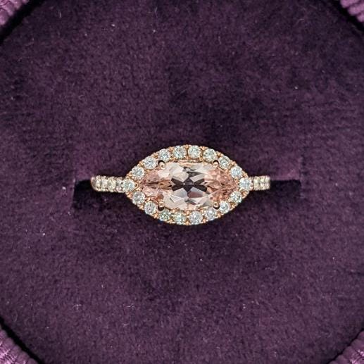 Statement Rings-East West Classic Diamond Halo Ring Setting in 14k Gold | Marquise 9x4.5mm | Gemstone Mount | Anniversary Ring | Customizable - NNJGemstones