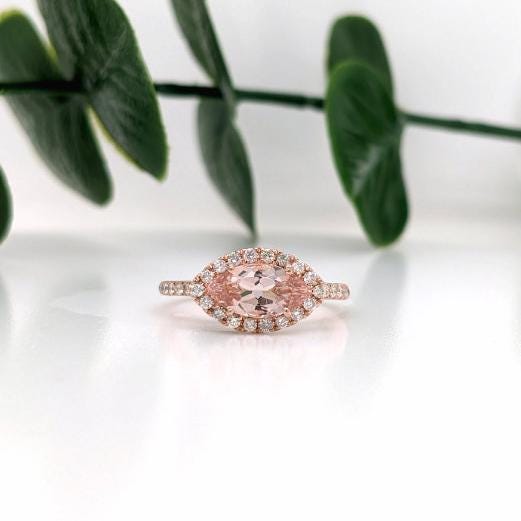Statement Rings-East West Classic Diamond Halo Ring Setting in 14k Gold | Marquise 9x4.5mm | Gemstone Mount | Anniversary Ring | Customizable - NNJGemstones
