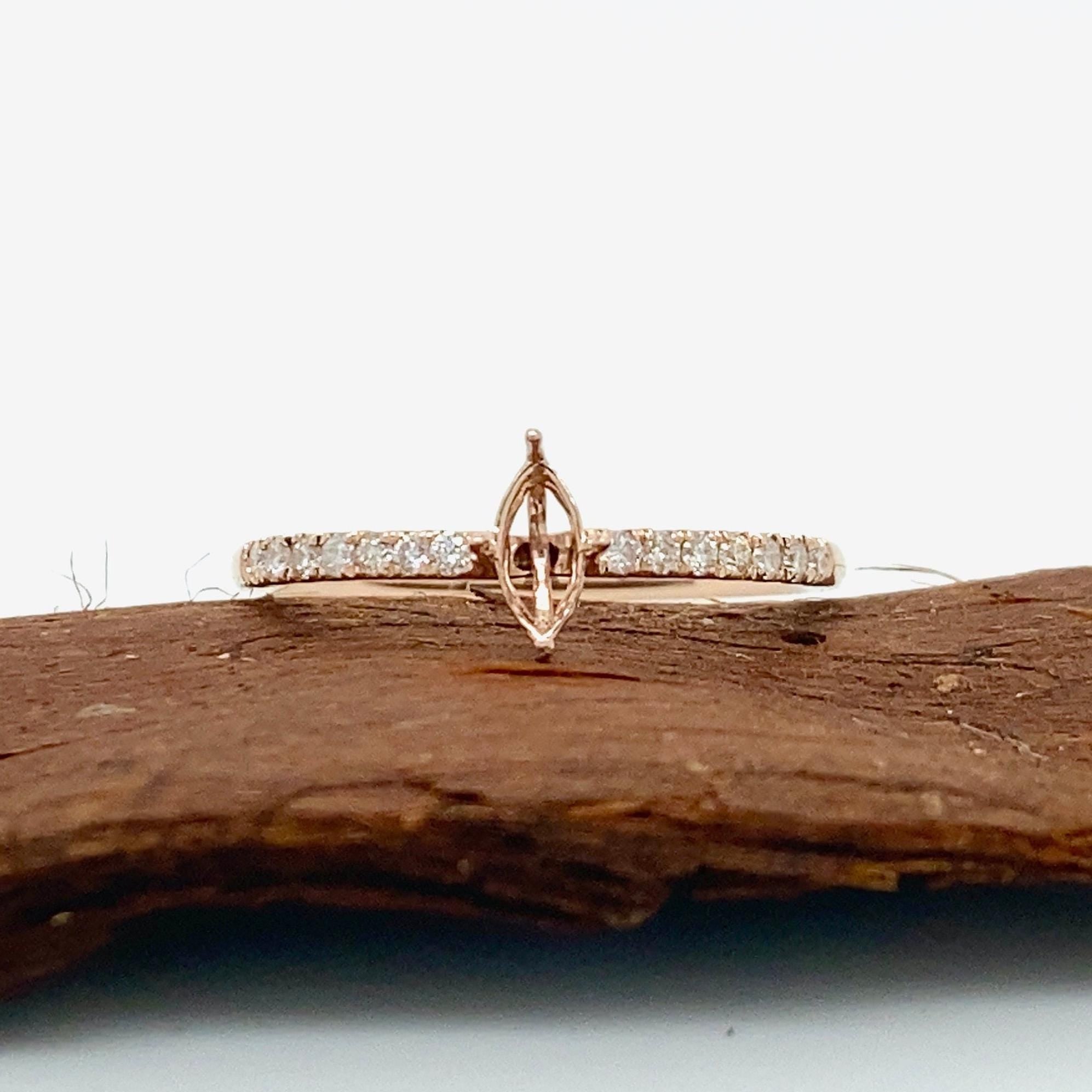 Statement Rings-Dainty Ring Setting w Pave Diamond Shank in Solid 14K Gold | Marquise 6x3 7x3.5 8x4 | Stone Setting | Gemstone Jewelry | Customizable - NNJGemstones