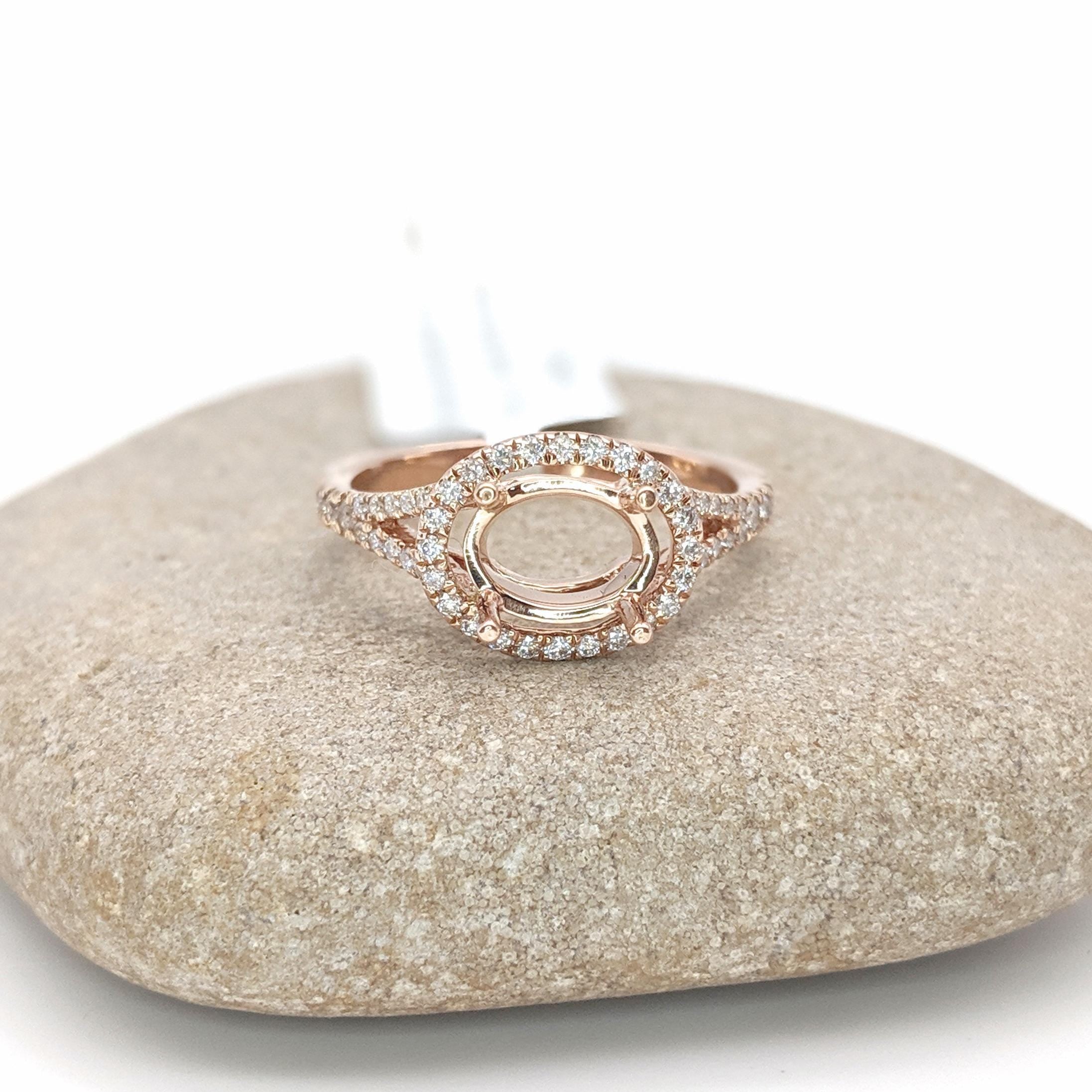 Statement Rings-East West Split Shank Ring Setting w Natural Diamond Halo and Pave Diamond Shank in 14K Solid Gold | Oval Shape 8x6 9x7 10x8 | Customizable - NNJGemstones