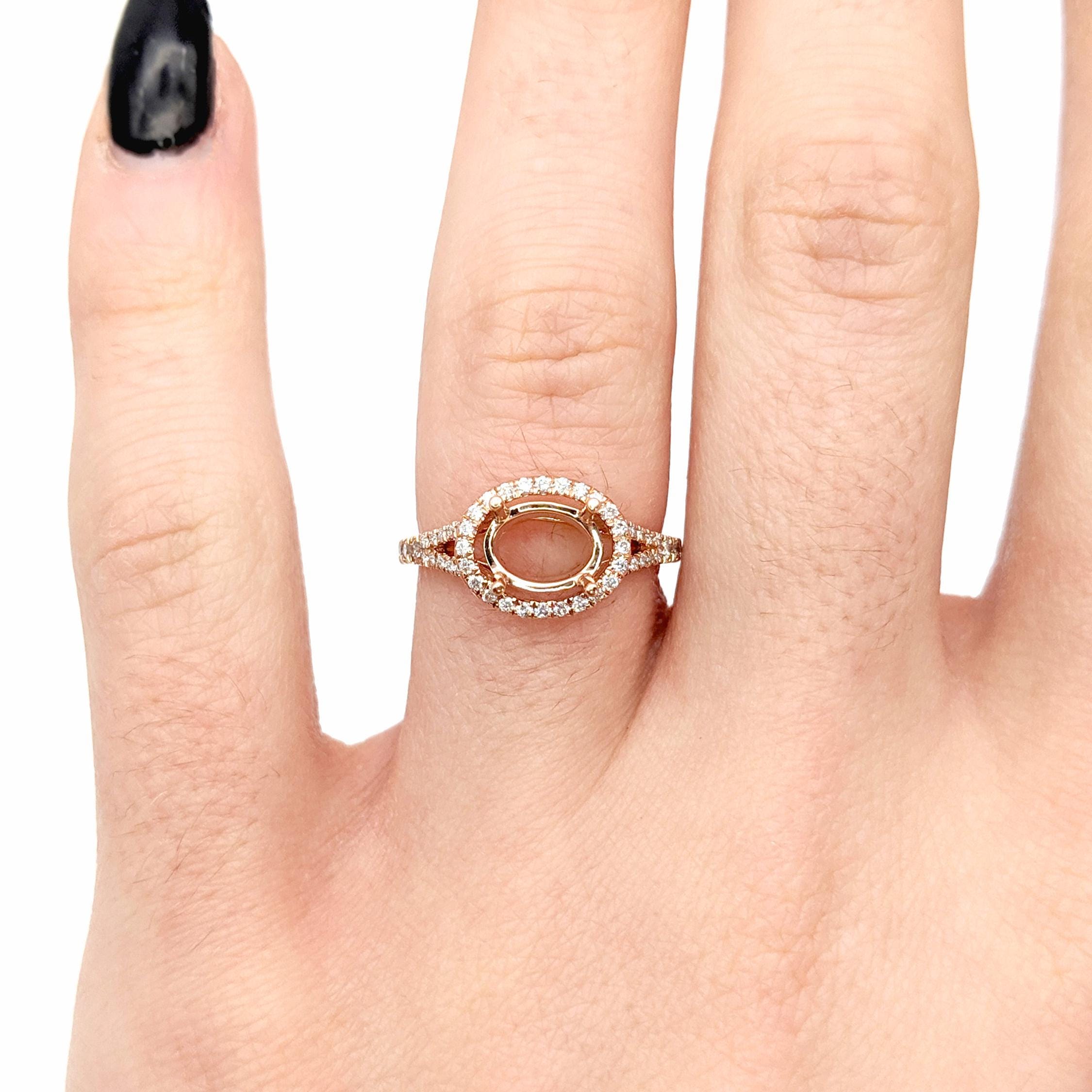 Statement Rings-East West Split Shank Ring Setting w Natural Diamond Halo and Pave Diamond Shank in 14K Solid Gold | Oval Shape 8x6 9x7 10x8 | Customizable - NNJGemstones