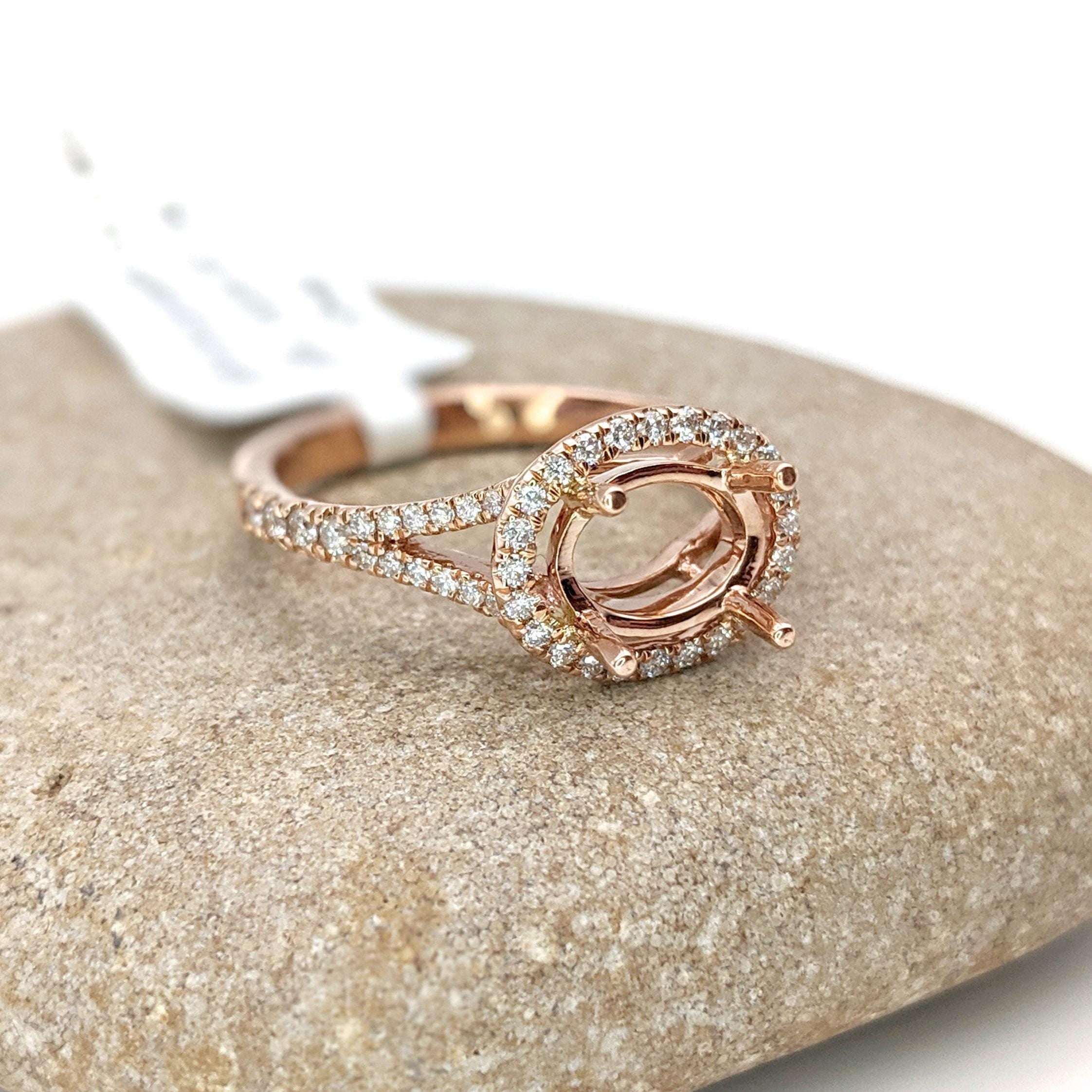 Statement Rings-East West Split Shank Ring Setting w Natural Diamond Halo and Pave Diamond Shank in 14K Solid Gold | Oval Shape 8x6 9x7 10x8 | Customizable - NNJGemstones