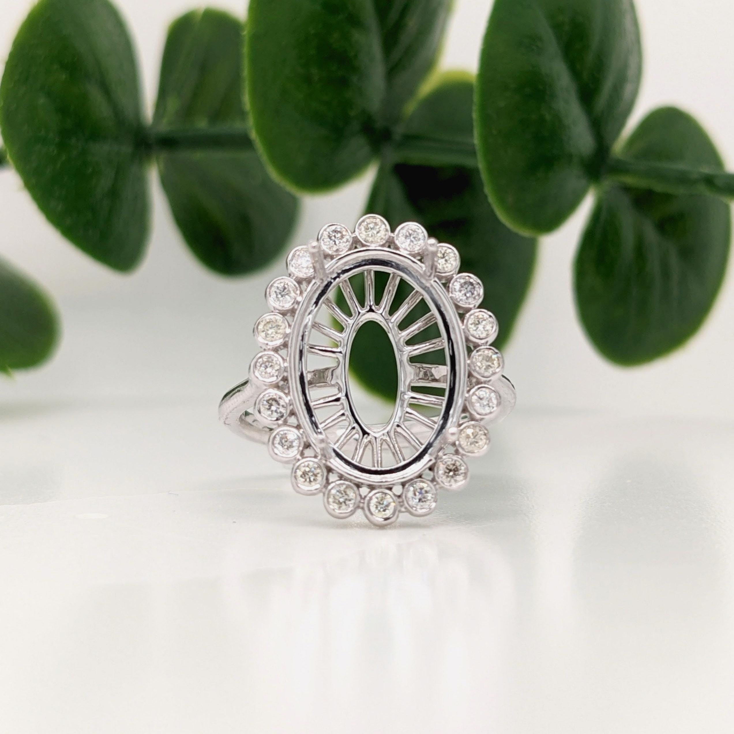 Statement Rings-Art Deco Style Ring Setting with a Scalloped Bezel Set Diamond Halo in Solid 14K Gold | Oval 14x10mm | Large Gemstone Setting | Customizable - NNJGemstones