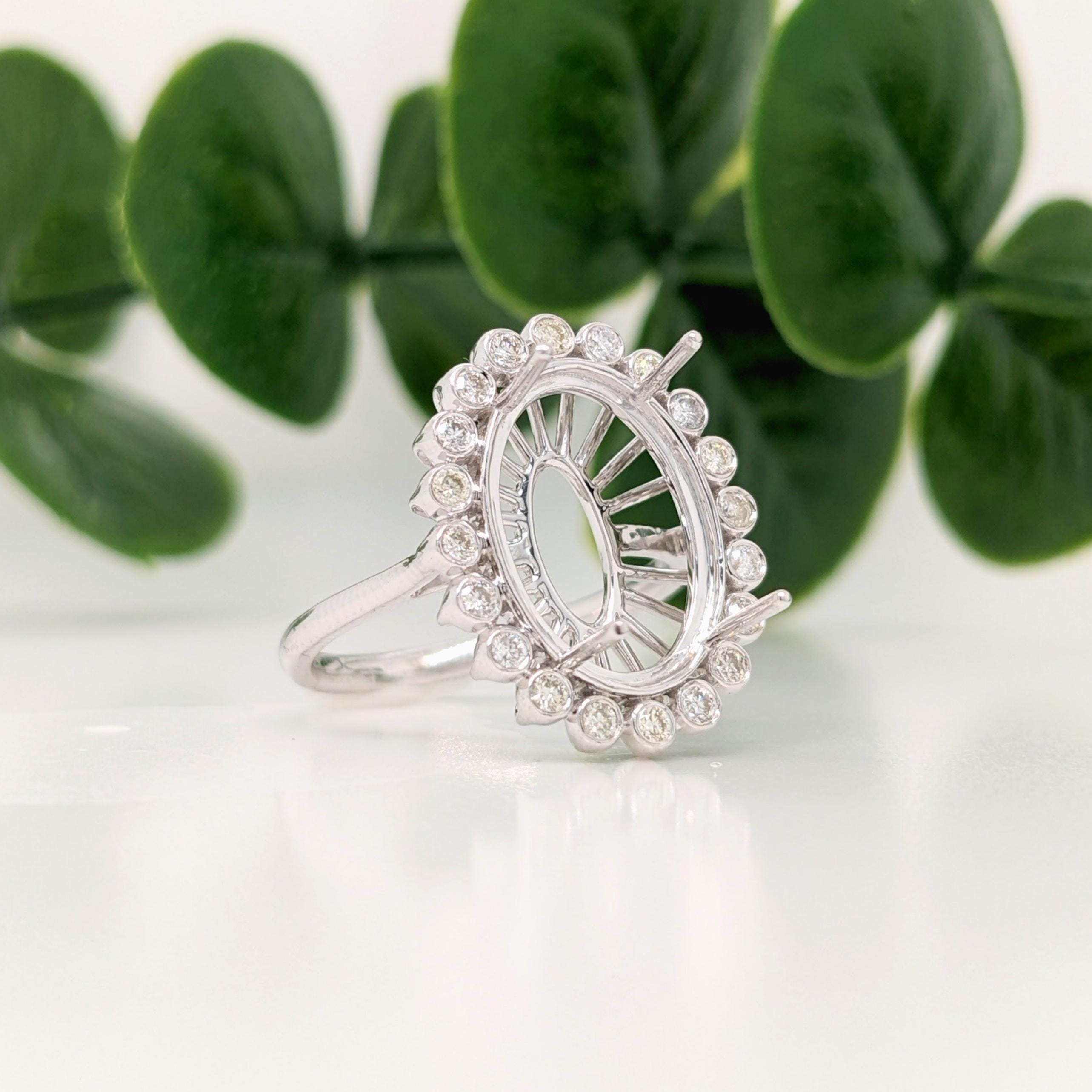 Statement Rings-Art Deco Style Ring Setting with a Scalloped Bezel Set Diamond Halo in Solid 14K Gold | Oval 14x10mm | Large Gemstone Setting | Customizable - NNJGemstones