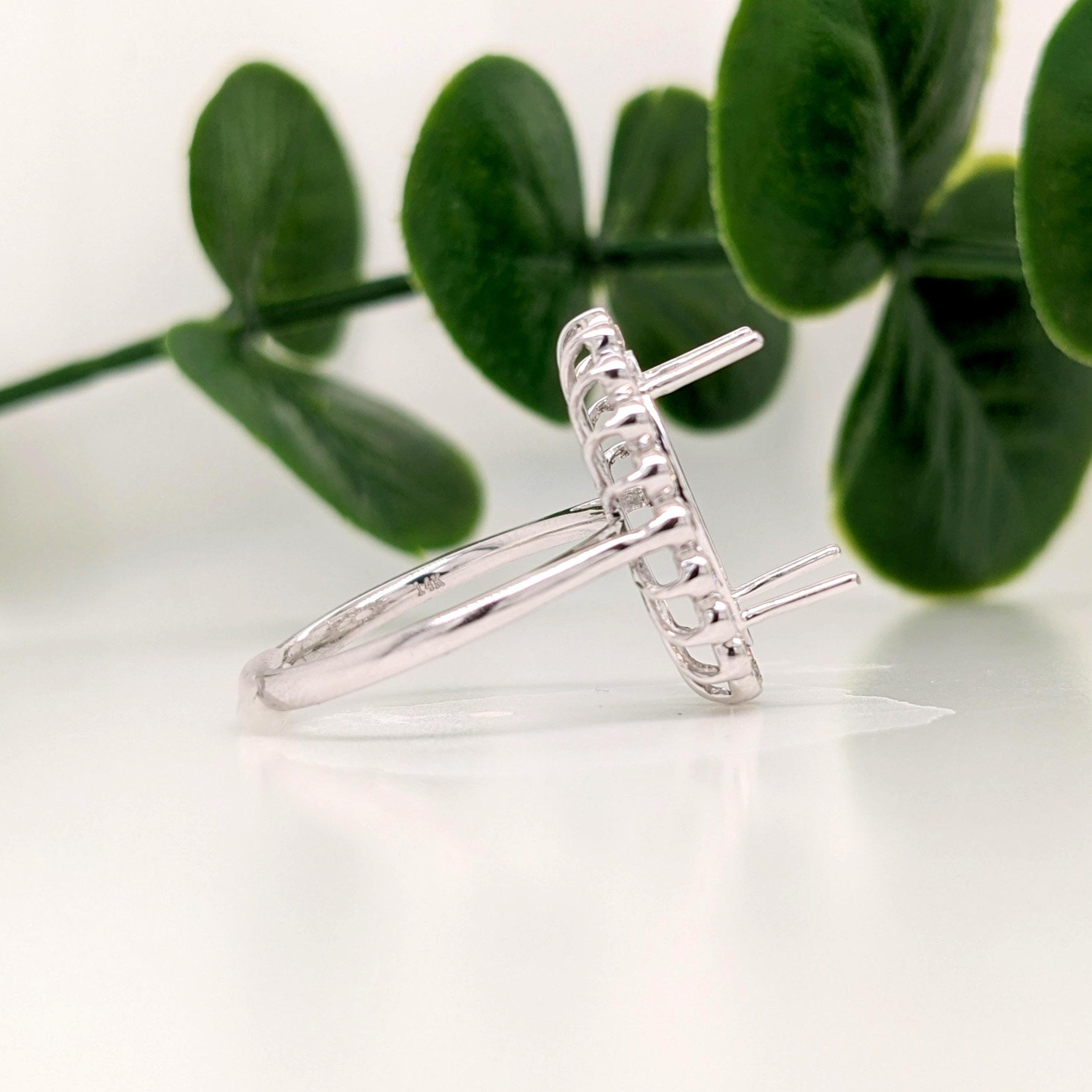 Statement Rings-Art Deco Style Ring Setting with a Scalloped Bezel Set Diamond Halo in Solid 14K Gold | Oval 14x10mm | Large Gemstone Setting | Customizable - NNJGemstones