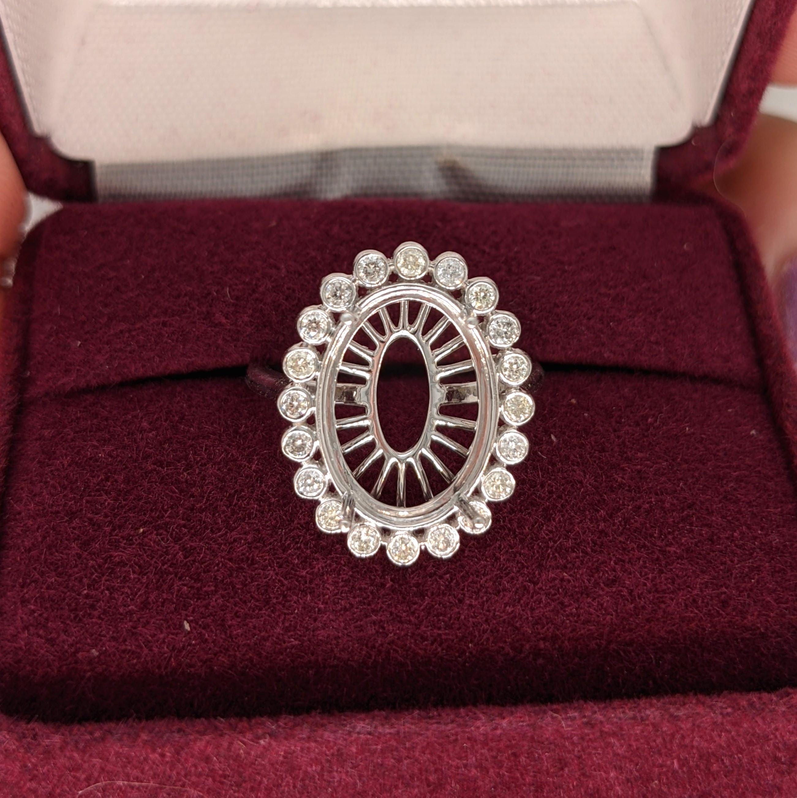 Statement Rings-Art Deco Style Ring Setting with a Scalloped Bezel Set Diamond Halo in Solid 14K Gold | Oval 14x10mm | Large Gemstone Setting | Customizable - NNJGemstones