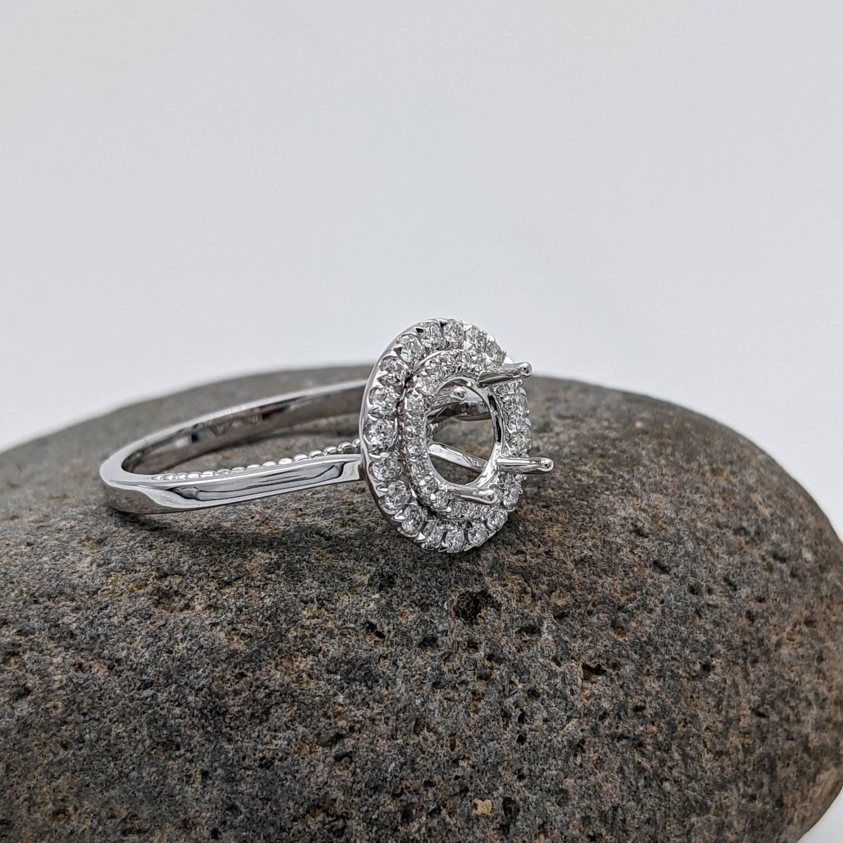 Engagement Rings-Statement Double Halo Ring Setting in 14K Solid Gold | Round 6mm 6.5mm 7mm | Natural Diamond Accents | Classic Ring Design | Customizable - NNJGemstones