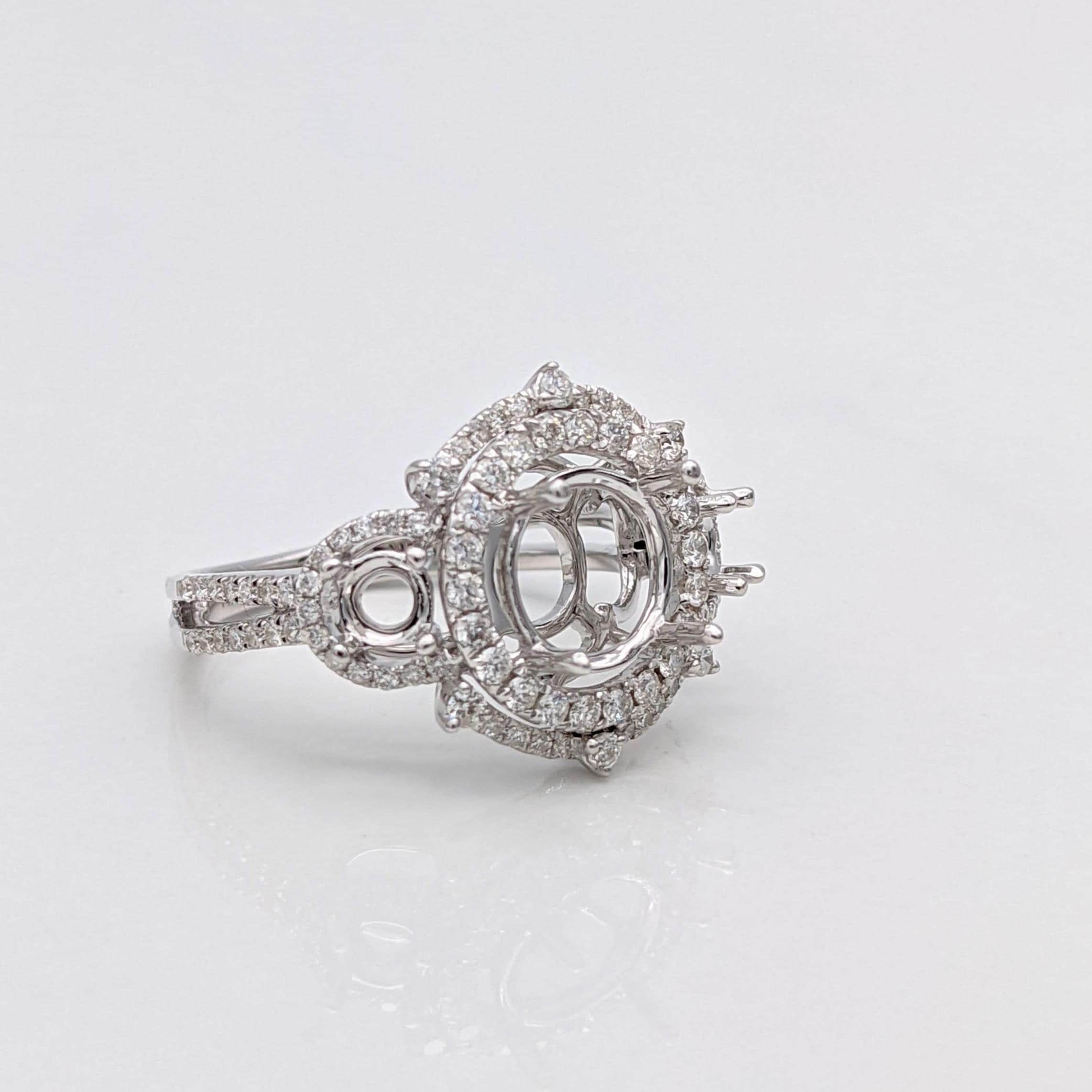 Statement Rings-Statement Double Halo Diamond Ring Setting in 14K Solid Gold | Round Shape 7mm 8mm 9mm w 3mm Side Stone Settings | Customizable - NNJGemstones