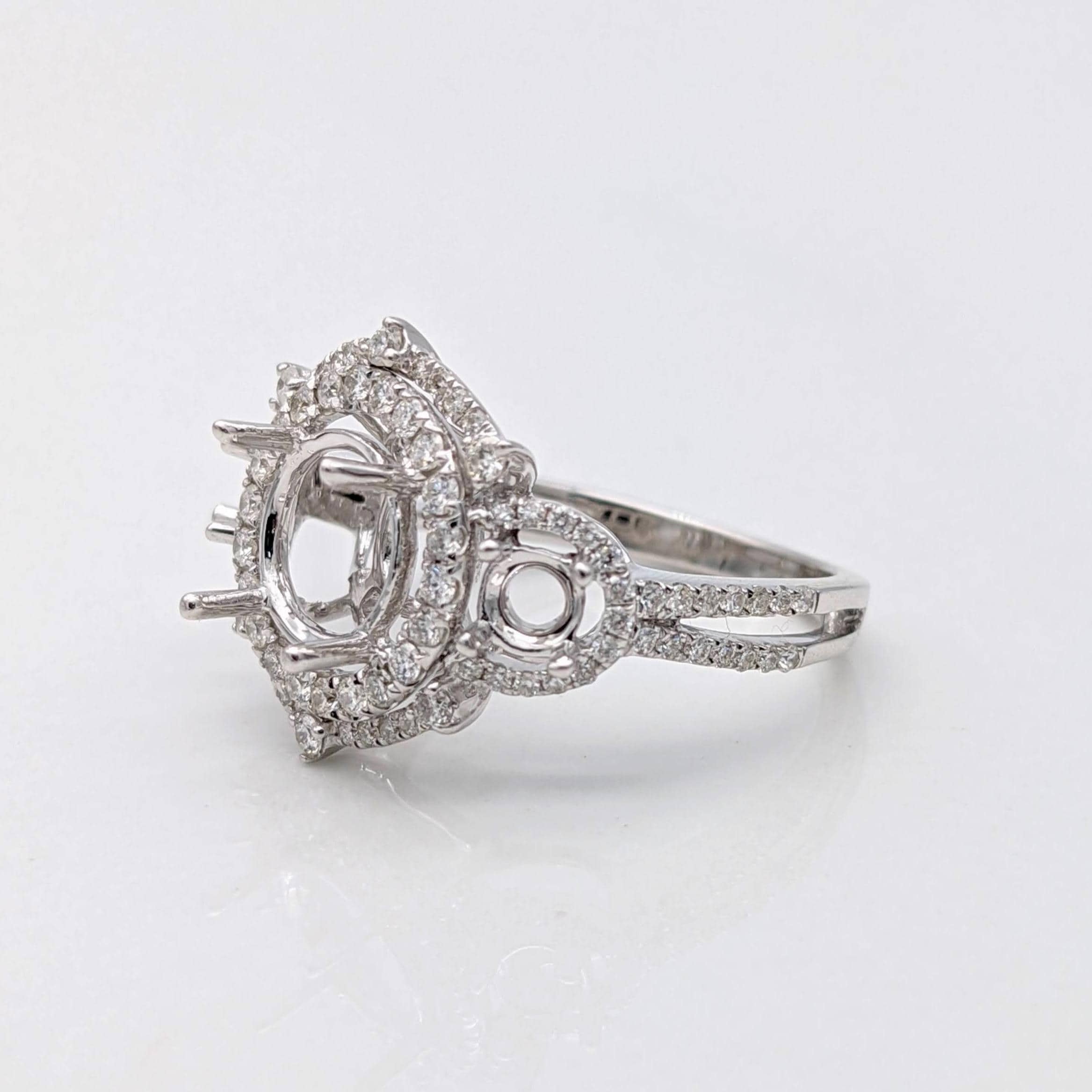 Statement Rings-Statement Double Halo Diamond Ring Setting in 14K Solid Gold | Round Shape 7mm 8mm 9mm w 3mm Side Stone Settings | Customizable - NNJGemstones