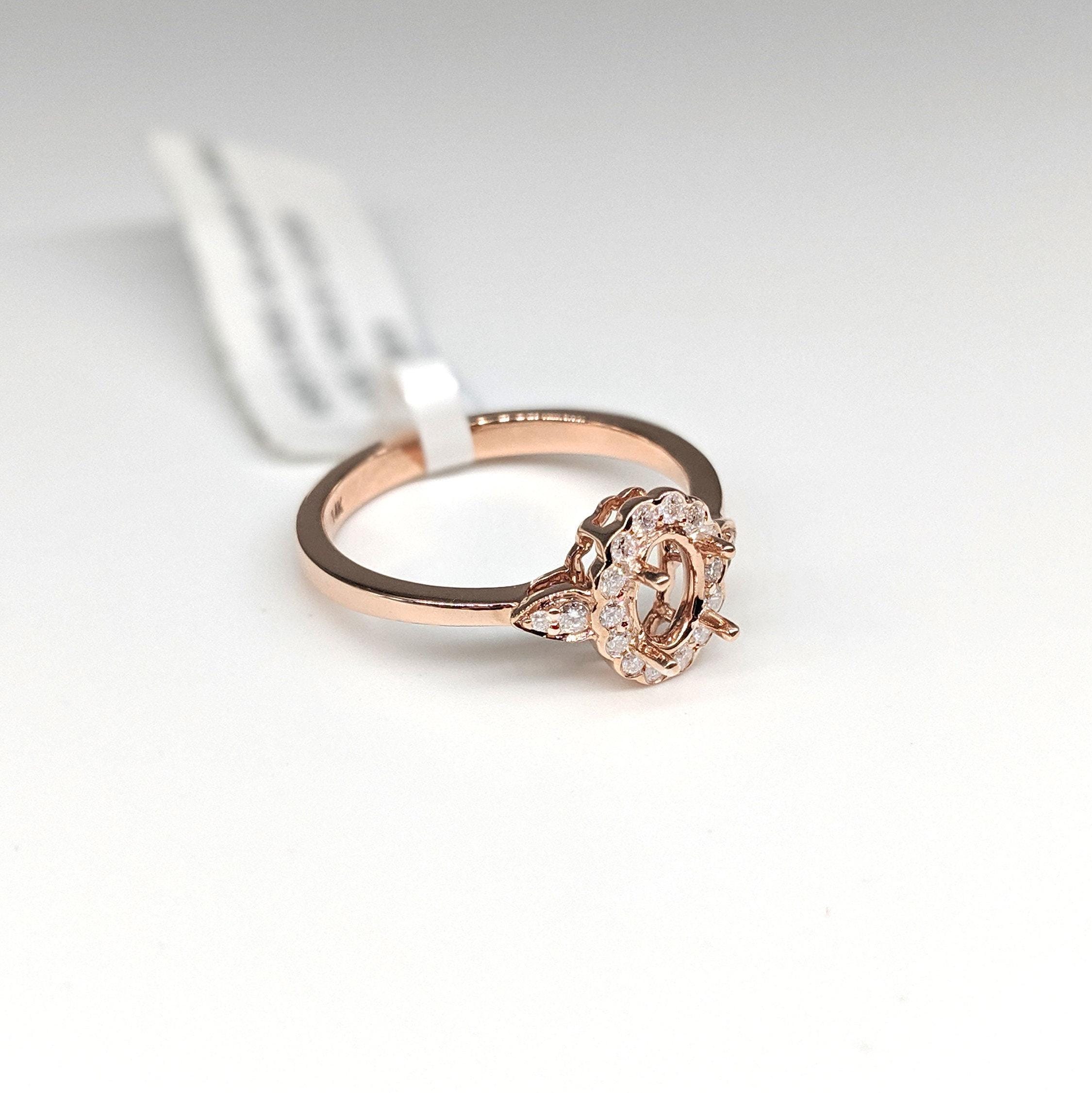 Statement Rings-Lovely Scalloped Ring Setting w Natural Diamond Halo in Solid 14k Gold | Oval 6x4 7x5 8x6 | Gemstone Setting | Fine Jewelry | Customizable - NNJGemstones