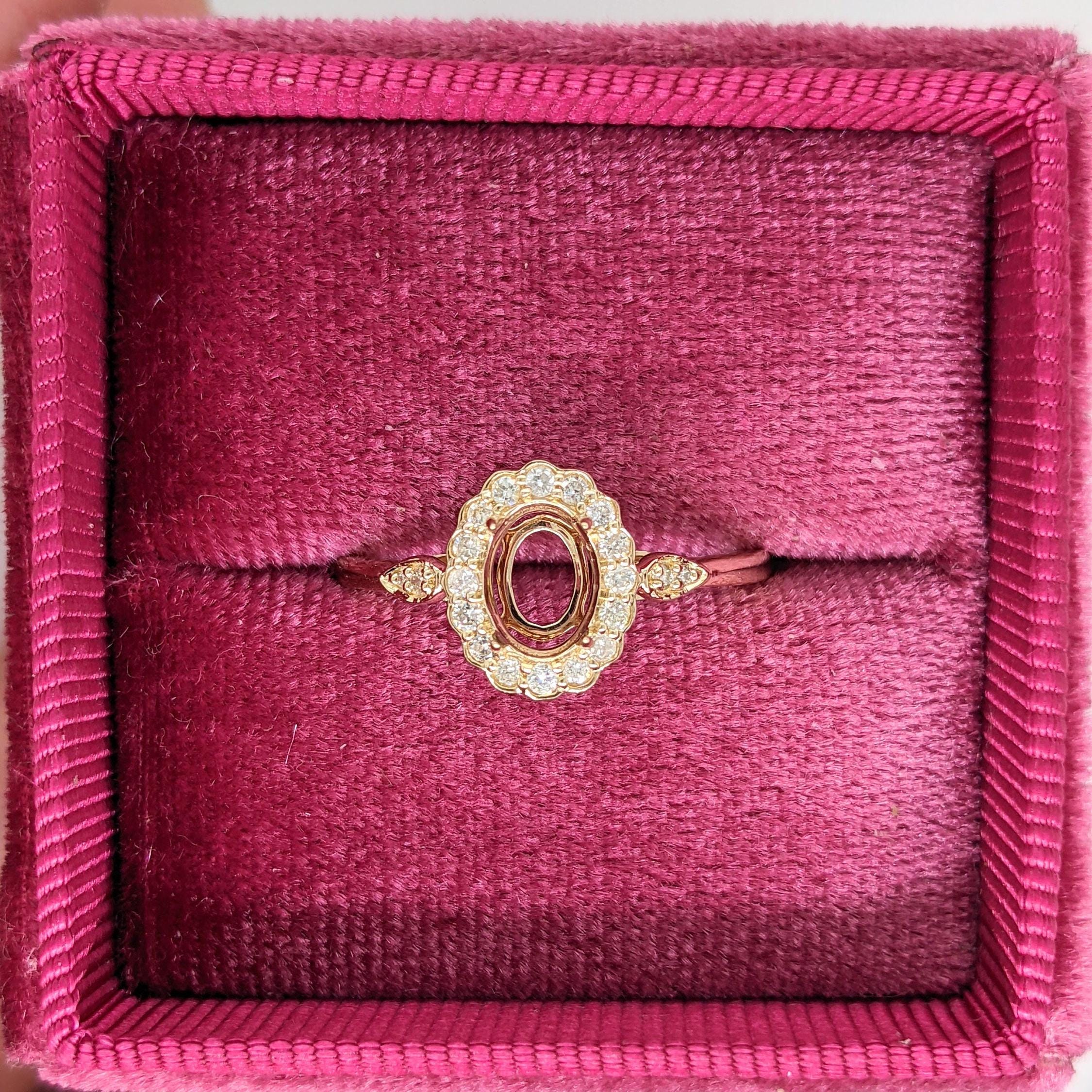 Statement Rings-Lovely Scalloped Ring Setting w Natural Diamond Halo in Solid 14k Gold | Oval 6x4 7x5 8x6 | Gemstone Setting | Fine Jewelry | Customizable - NNJGemstones