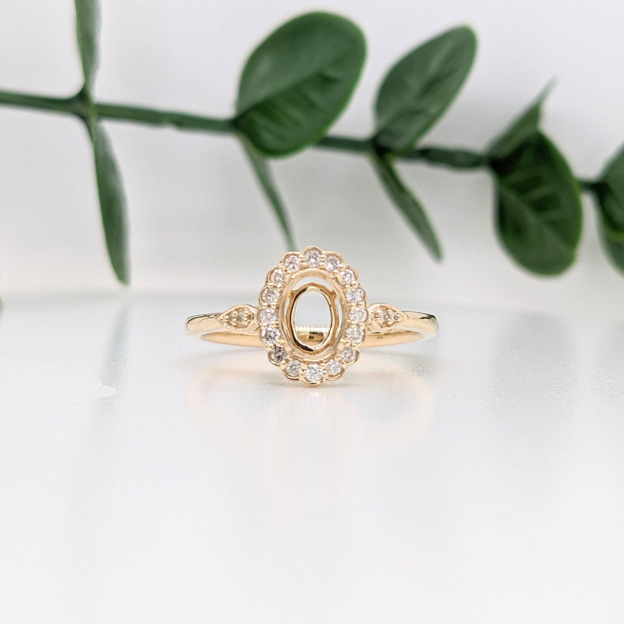 Statement Rings-Lovely Scalloped Ring Setting w Natural Diamond Halo in Solid 14k Gold | Oval 6x4 7x5 8x6 | Gemstone Setting | Fine Jewelry | Customizable - NNJGemstones