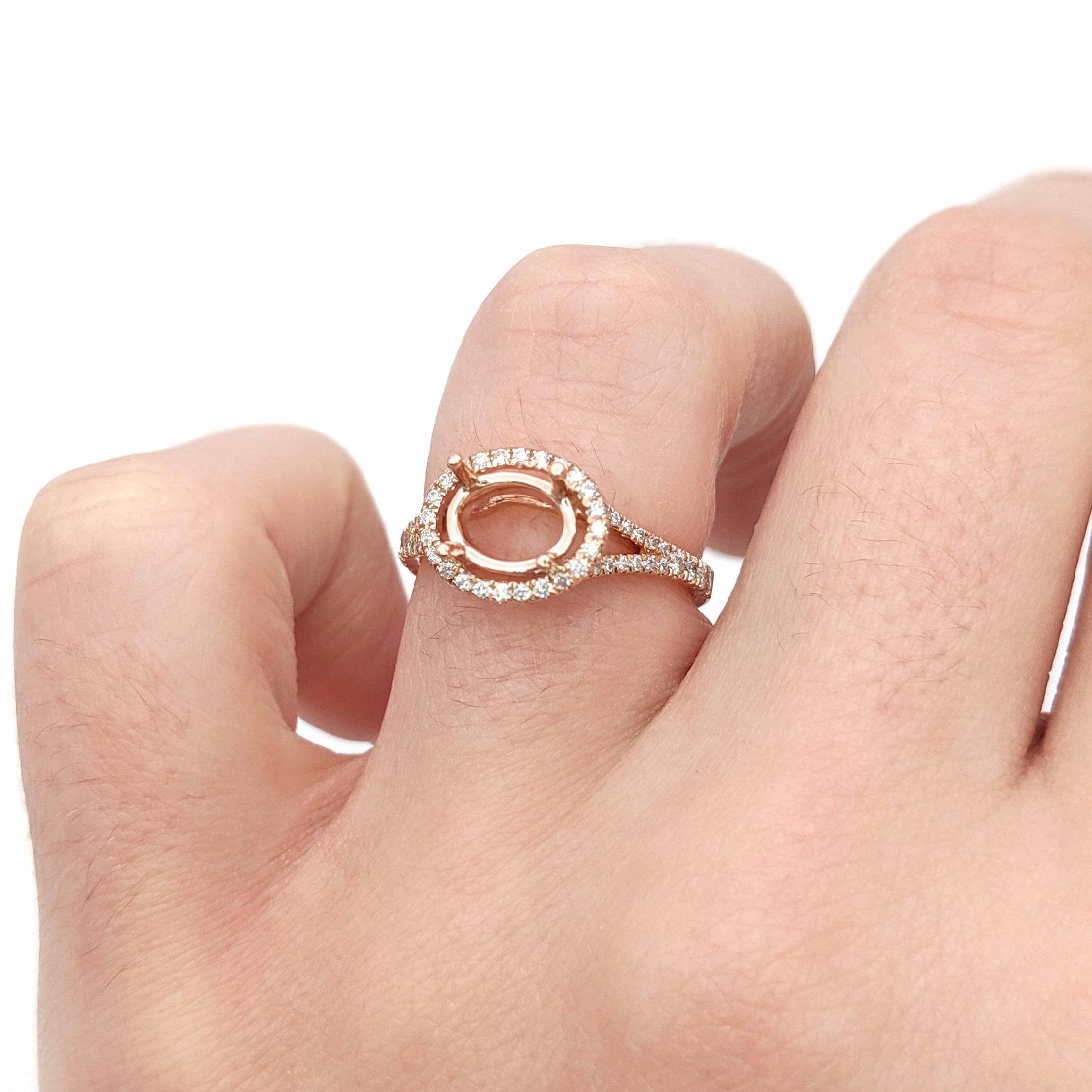 Statement Rings-East West Split Shank Ring Setting w Natural Diamond Halo and Pave Diamond Shank in 14K Solid Gold | Oval Shape 8x6 9x7 10x8 | Customizable - NNJGemstones