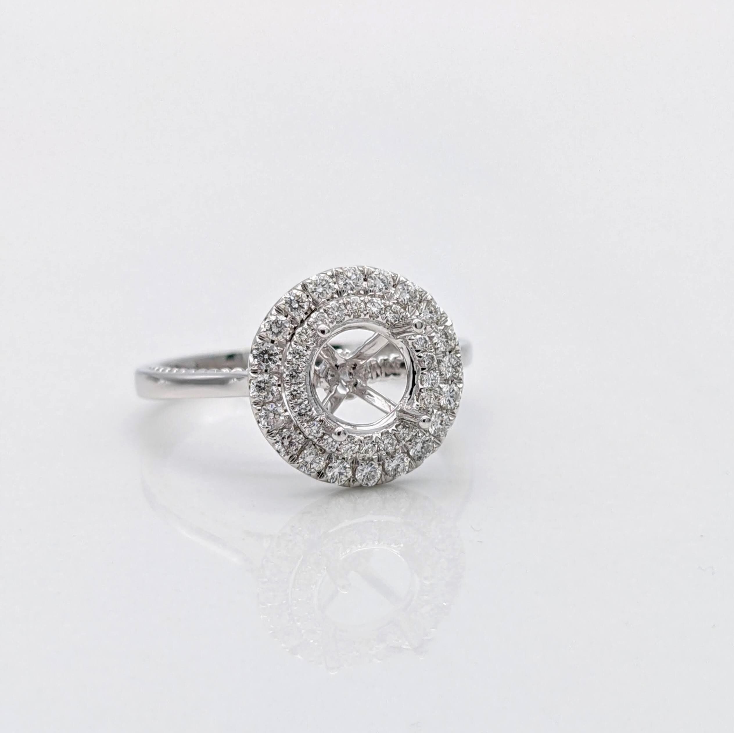 Engagement Rings-Statement Double Halo Ring Setting in 14K Solid Gold | Round 6mm 6.5mm 7mm | Natural Diamond Accents | Classic Ring Design | Customizable - NNJGemstones